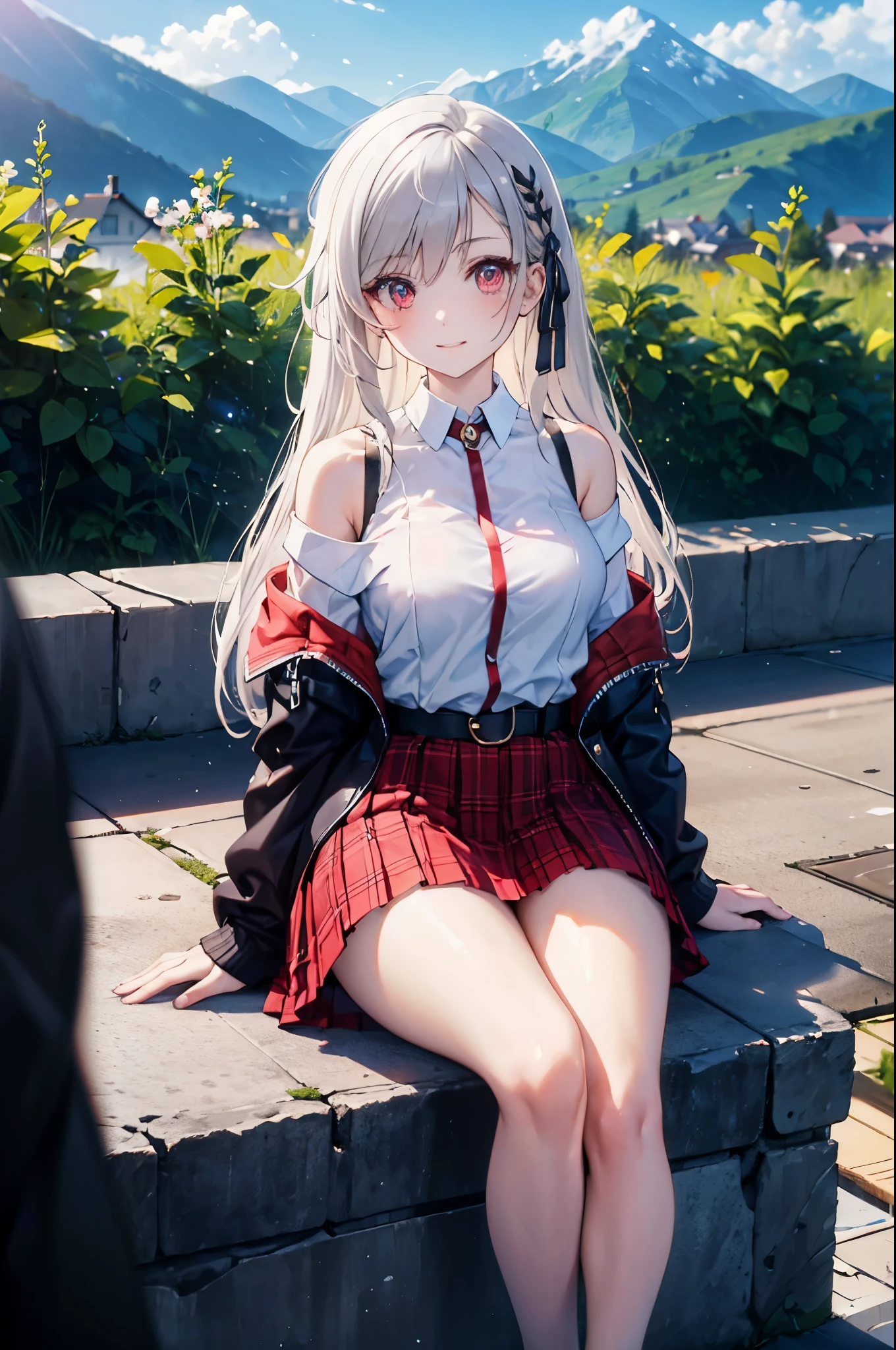 realistic image, coherent image, detailed image, 1 beautiful girl. She has silver hair, long hair, red eyes, long eyelashes. Her face is oval and delicate, smiling. She is wearing a long-sleeved, shoulder-baring, off-shoulder top, plaid pleated mini skirt, sneakers, and mid-thigh stockings. She has a curvy body, medium breasts, thick thighs, background of a mountainous landscape, surrounded by mountains, natural lighting, volumetric lighting