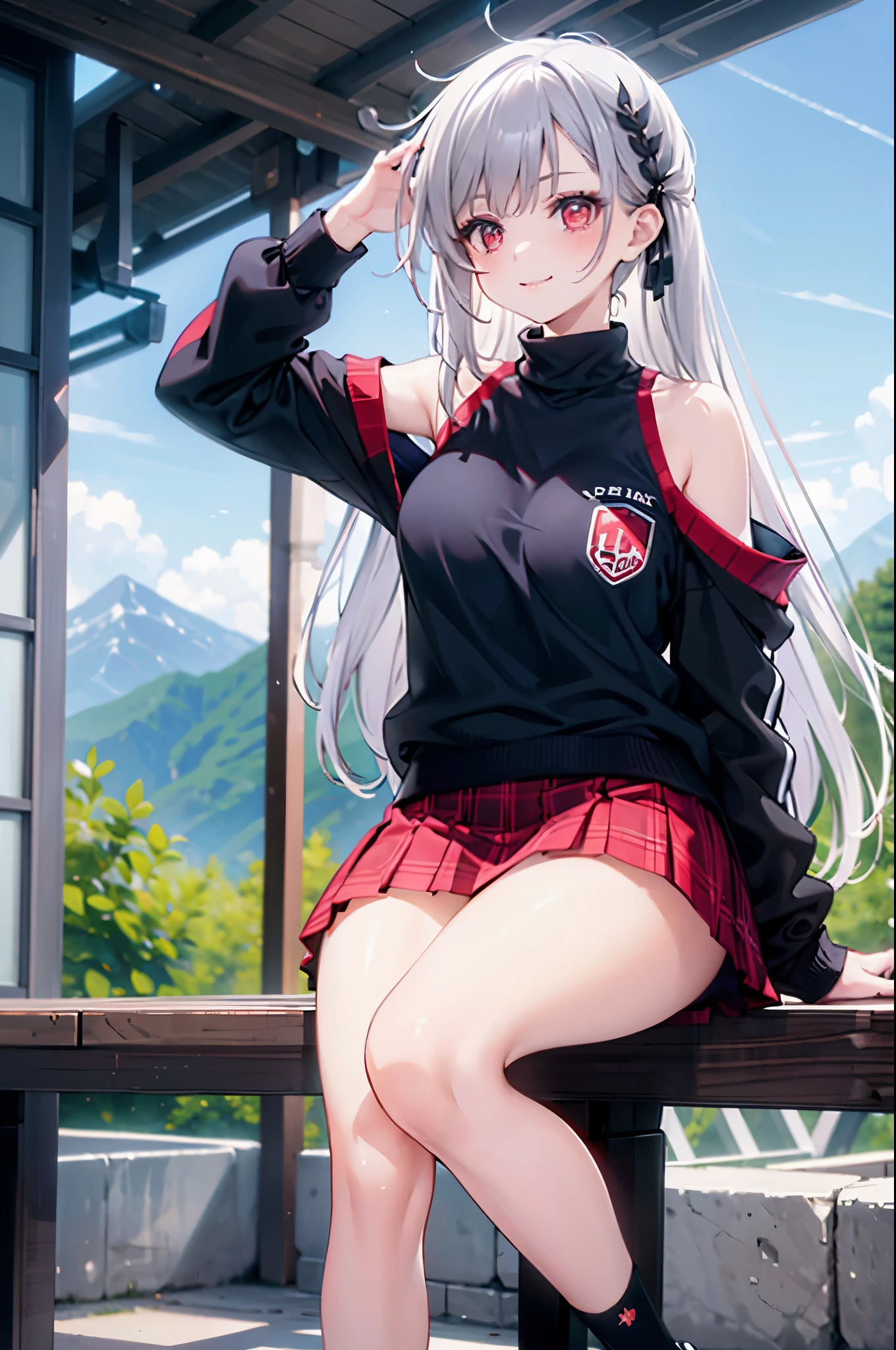 realistic image, coherent image, detailed image, 1 beautiful girl. She has silver hair, long hair, red eyes, long eyelashes. Her face is oval and delicate, smiling. She is wearing a long-sleeved, shoulder-baring, off-shoulder top, plaid pleated mini skirt, sneakers, and mid-thigh stockings. She has a curvy body, medium breasts, thick thighs, background of a mountainous landscape, surrounded by mountains, natural lighting, volumetric lighting