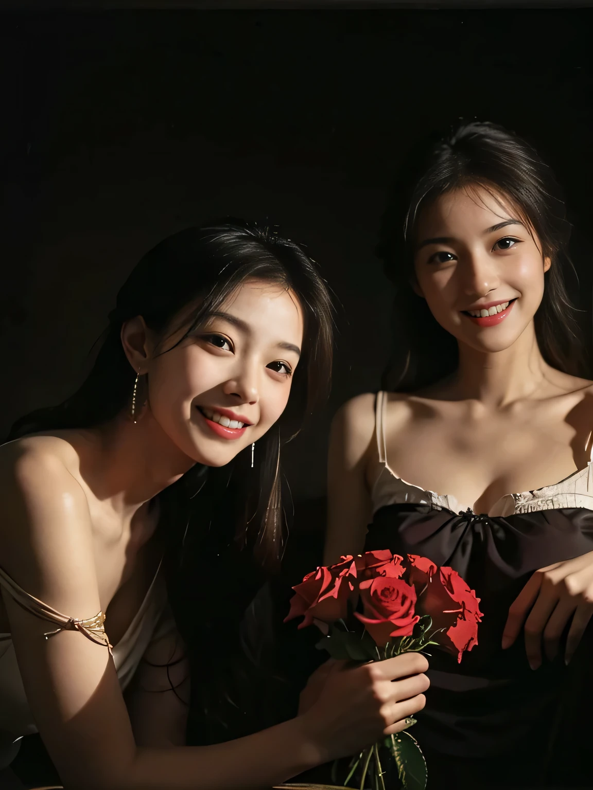 full body portrait ,fruits,Rose ,flower,Rosa,antique,A smile,,Sweet and seductive appearance.、Caravaggio's paintings、Chiaroscuro of Caravaggio,Two women frolicking,Cute smile, Expression of ecstasy