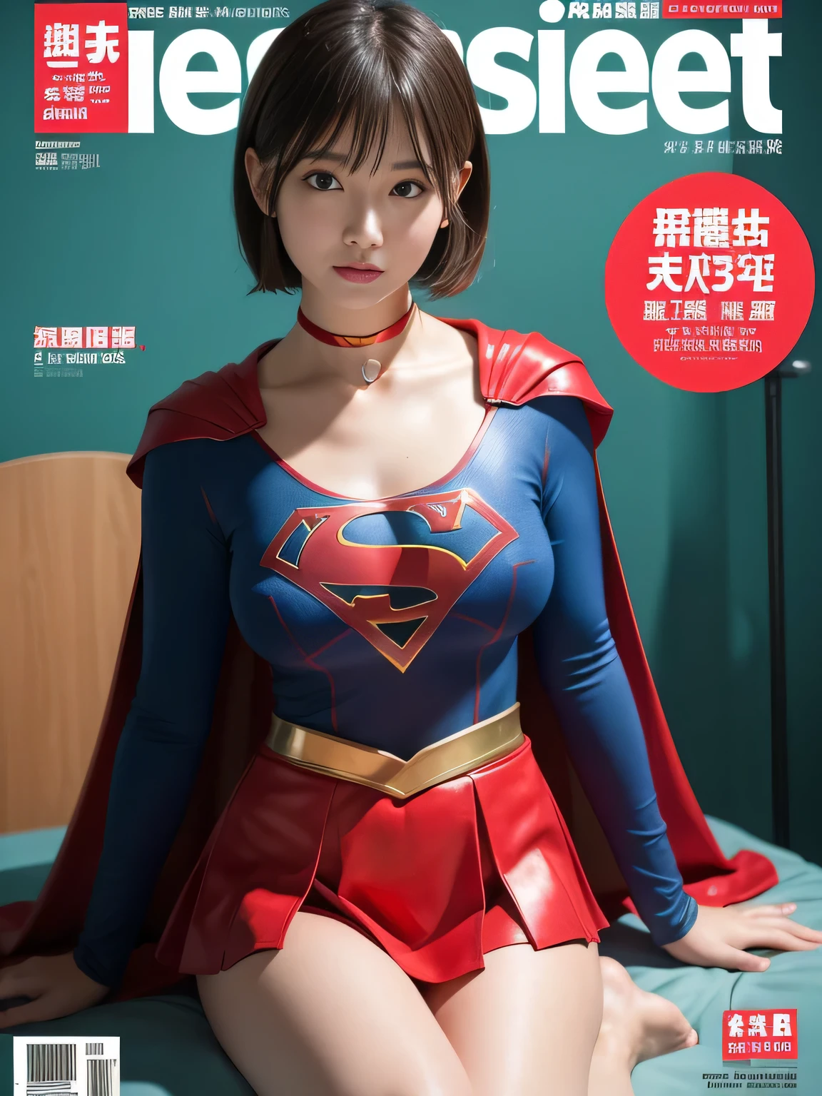 masterpiece,supergirl costume, short hair, barefoot, big and full breasts,operating room、operating table、straddle、damaged、shiny、look at the camera、provocation、Estrus、choker、Weekly magazine cover、long sleeve、red mini skirt、obscene pose、Seduce