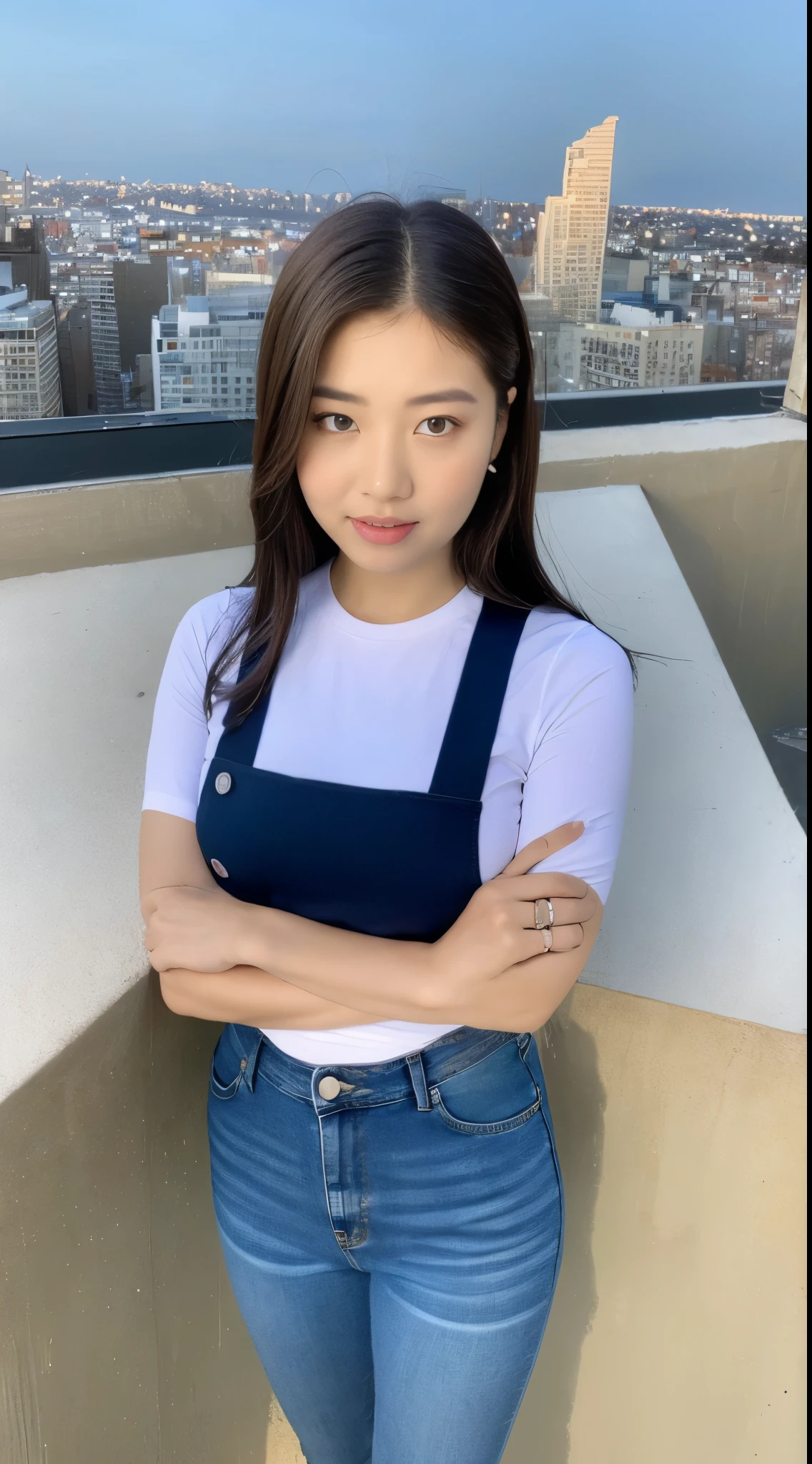 ((Midnight, Best quality, 8k, Masterpiece :1.3)), Whole body, Long legs, Sharp focus :1.2, A pretty woman with perfect figure :1.4, Slender abs :1.1, ((Dark brown hair, Big breasts :1.2)), (White tight tshirt, Jean bib, Standing:1.2), ((Night city view, Rooftop:1.3)), Highly detailed face and skin texture, Detailed eyes, Double eyelid