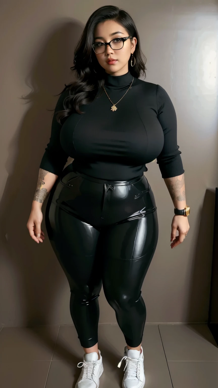 ((best quality)), ((masterpiece)), (detailed), perfect face, Beautiful, mother-in-law, asian-Indonesian , voluptuous, wearing random clothes (formal), In the black room, seductive expression, chubby body, nice body, milf chubby, chinese-Indonesian. Full body, big arm, wide hips , wearing a sneakers, bob hairstyle, baby face , chubby cheeks, 35 year old, chubby tall woman, tattooed thighs , yakuza tattoos , big thighs, big armpits , chubby massive cheeks , thick neck, cold atmosphere, low light, wavy short haired, big breasts, showing her armpits , thick woman , turtleneck, thick woman . Full body, wearing shorts pants , glasses, wearing 6 black latex bracelet, wearing a smartwatch, wearing double diamond necklace, cute dimples on cheeks