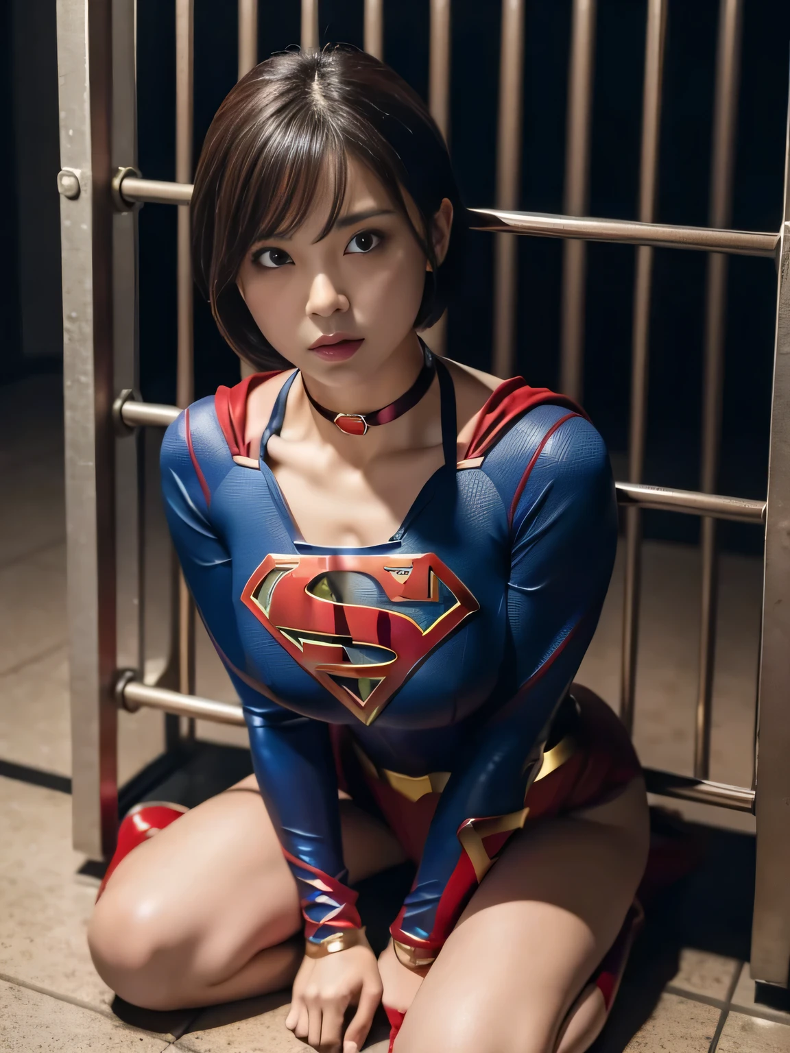 masterpiece、supergirl costume、short hair、barefoot、big and full breasts、prison、in a cage、imprisonment、prisoner、straddle、handcuffs、shiny、looking at camera、Seduce、choker、long sleeve、red short sexy pose