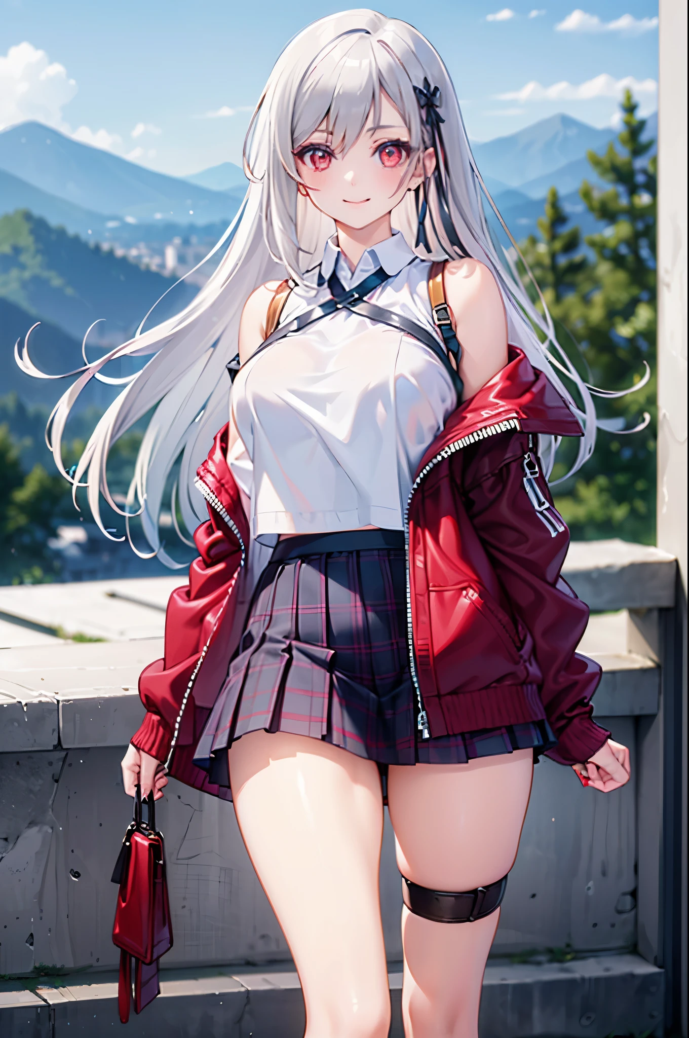 realistic image, coherent image, detailed image, 1 beautiful girl. She has silver hair, long hair, red eyes, long eyelashes. Her face is oval and delicate, smiling. She is wearing a long-sleeved, shoulder-baring, off-shoulder top, plaid pleated mini skirt, sneakers, and mid-thigh stockings. She has a curvy body, medium breasts, thick thighs, background of a mountainous landscape, surrounded by mountains, natural lighting, volumetric lighting