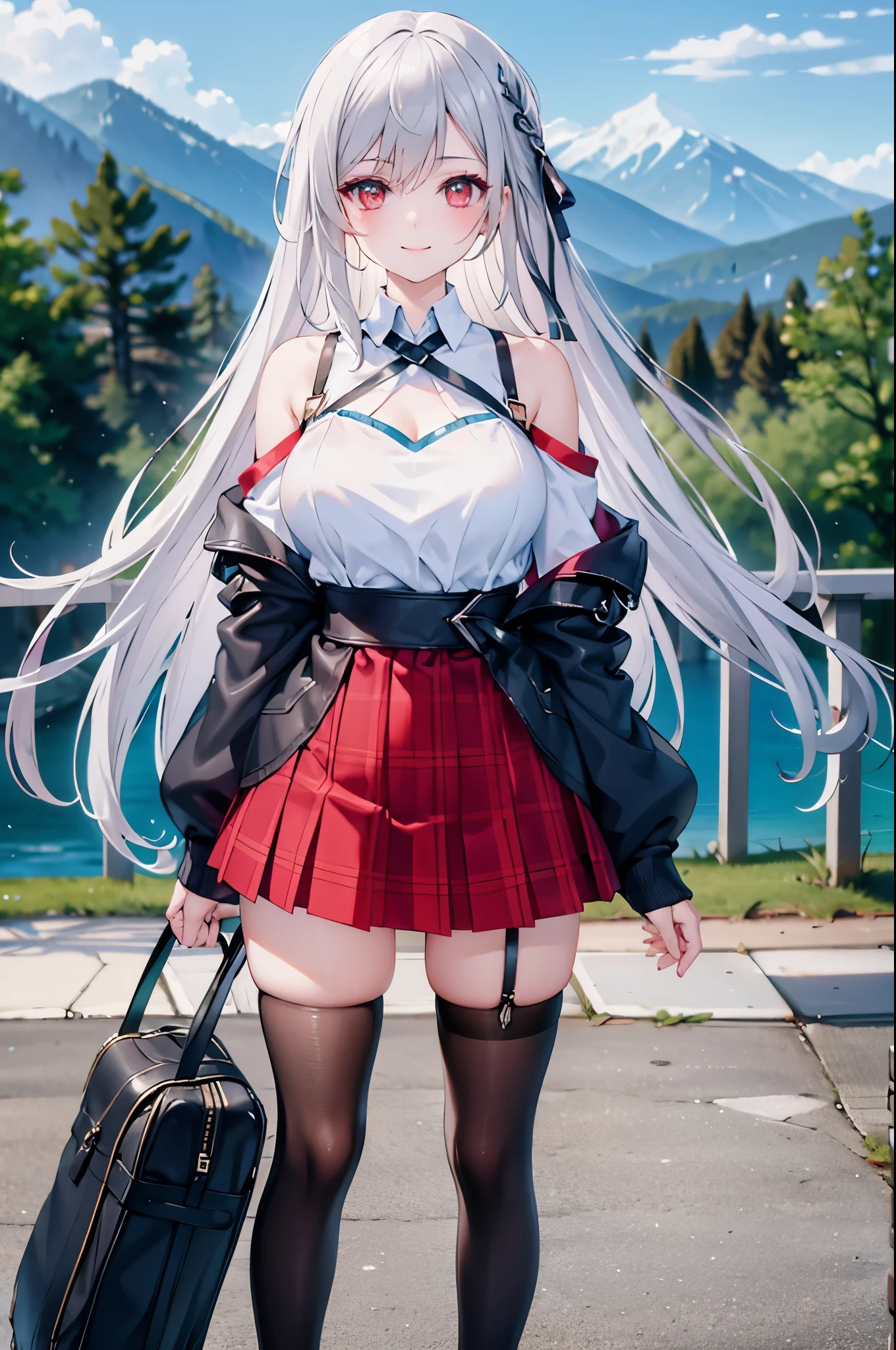 realistic image, coherent image, detailed image, 1 beautiful girl. She has silver hair, long hair, red eyes, long eyelashes. Her face is oval and delicate, smiling. She is wearing a long-sleeved, shoulder-baring, off-shoulder top, plaid pleated mini skirt, sneakers, and mid-thigh stockings. She has a curvy body, medium breasts, thick thighs, background of a mountainous landscape, surrounded by mountains, natural lighting, volumetric lighting