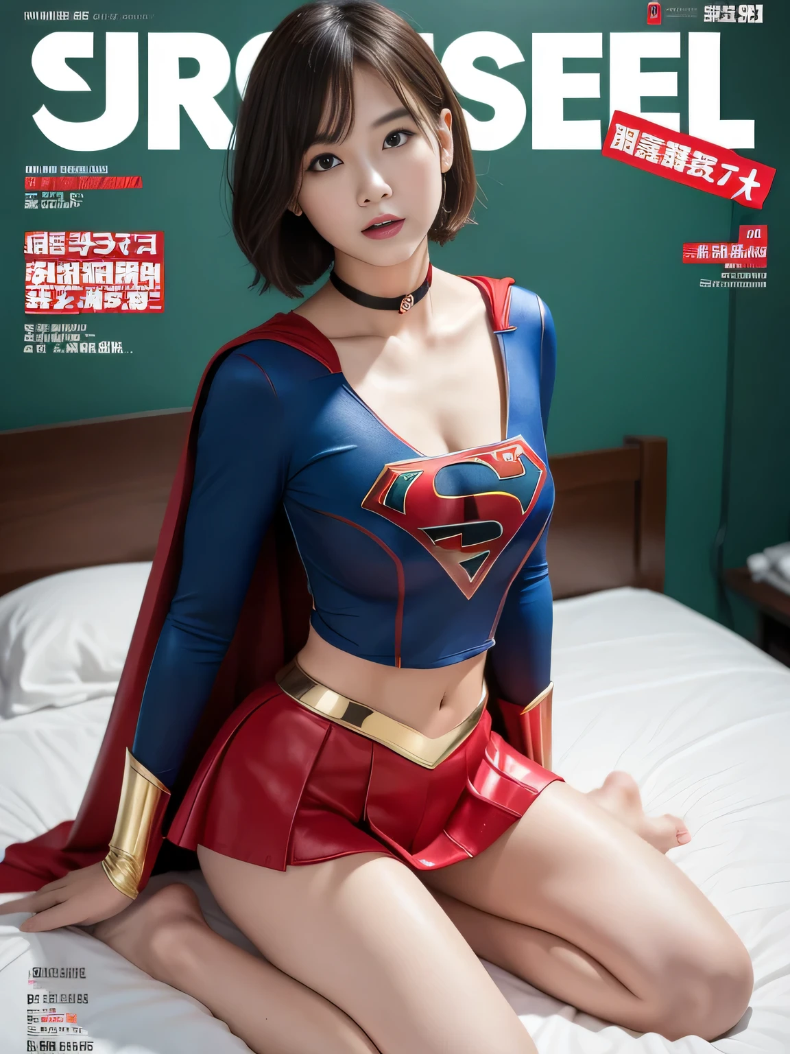 masterpiece,supergirl costume, short hair, barefoot, big and full breasts,operating room、operating table、straddle、damaged、shiny、look at the camera、provocation、Estrus、choker、Weekly magazine cover、long sleeve、red mini skirt、obscene pose、Seduce