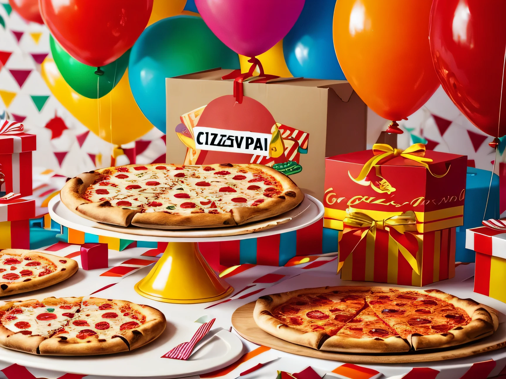 Carnival Themed party, pizza, pizza boxes, Balloons, Gifts, Cakes, Decors, Ultra detailed art, sharp and fine details, UHD, 4k High definition
