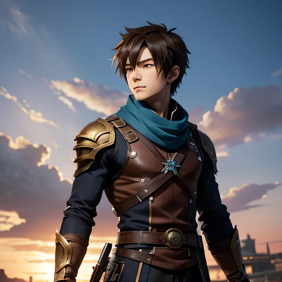 Anime boy with blue scarf and brown hair, 2. 5 d CGI Anime Fantasy Art, Authentic, Digital Anime Art, Detailed Digital Anime Art, Hero 2 d Doujin Art Art, Premium Digital Anime Art, Artgerm Detailed, Profile Image 1024px, Fantasy Style Anime, Premium Anime Digital Art, 4k Manga Wallpaper, 8k, Best Quality, Masterpiece: 1.2, Pixel Avatar Style,