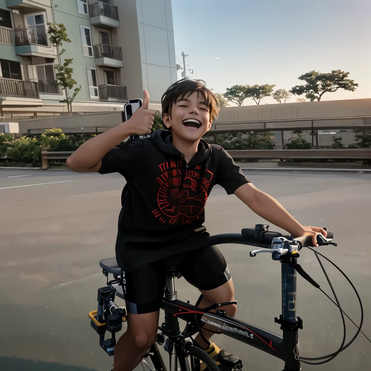 there is a young boy riding a bike with a thumbs up, cycling!!, riding a bike, biker, shot with iphone 1 0, with a happy expression, taken with sony alpha 9, taken with canon 8 0 d, bicycle, rides a bike, by Abidin Dino, taken at golden hour, taken on go pro hero8, iphone capture