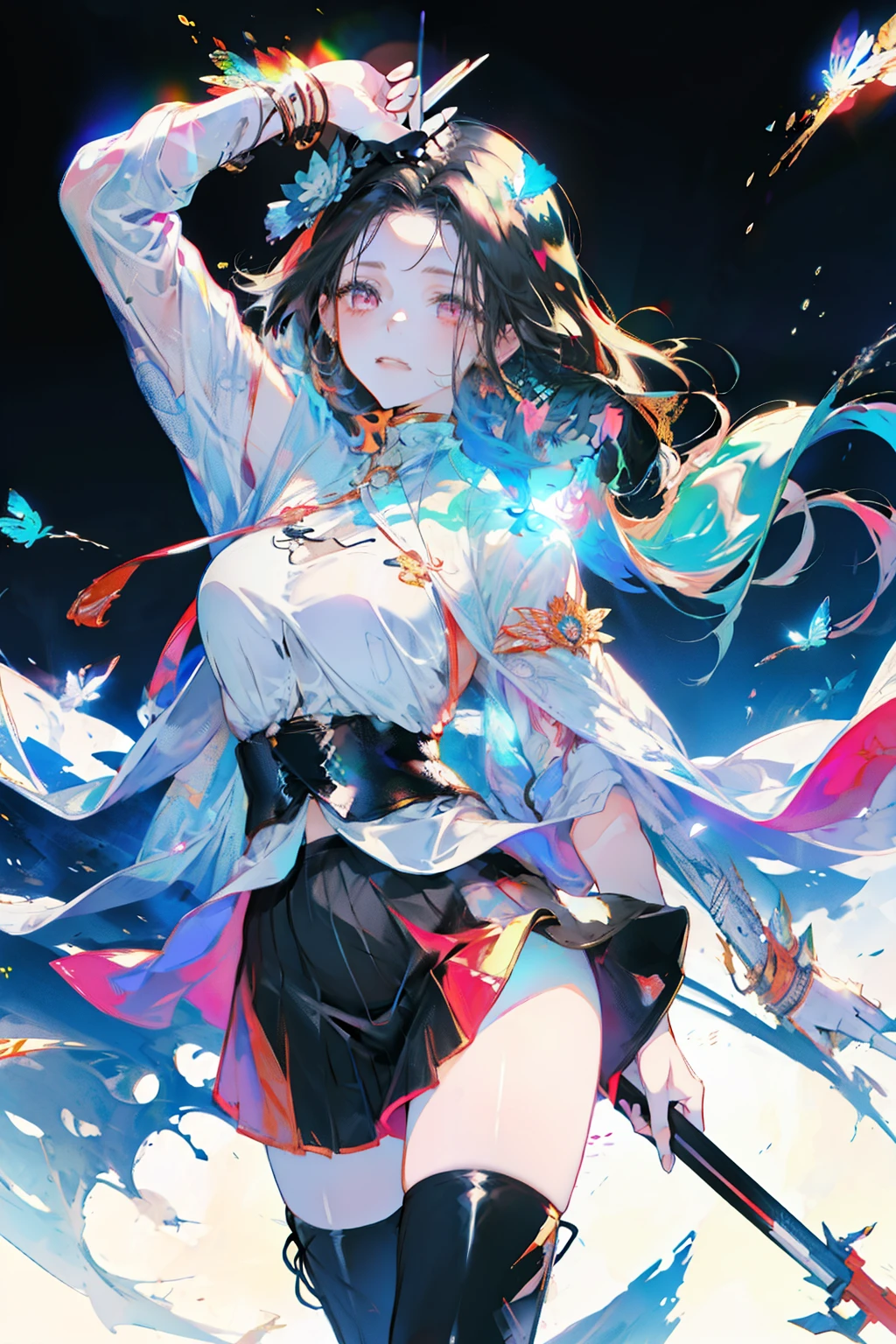 (super extreme detailed),(peace master),(super extreme),(lifelike),CG,(color:1.2), 美麗of燈光,light coming from the front,score:of,独自of, Aaron,four corners,棕色of_hair,Double tail,长of_hair,red eyes,hair_decoration,absolute_Good memories,thigh_boots,短of_skirt,宽of_sleeve,Black pants,
