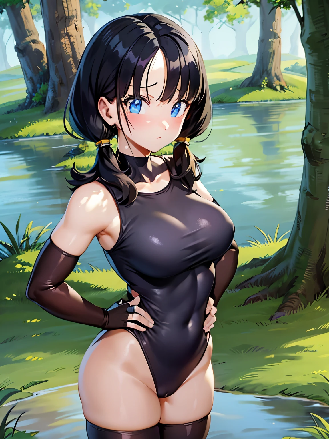 masterpiece, highest quality, High resolution, Full body image of a girl,saw 2, blue eyes, black hair, Low twintails and short cut, medium breasts, frown,blush, 1 girl,  Black tight suit,streak,place both hands on hips, looking at the viewer。black muddy swamp,Wandering in the swamp