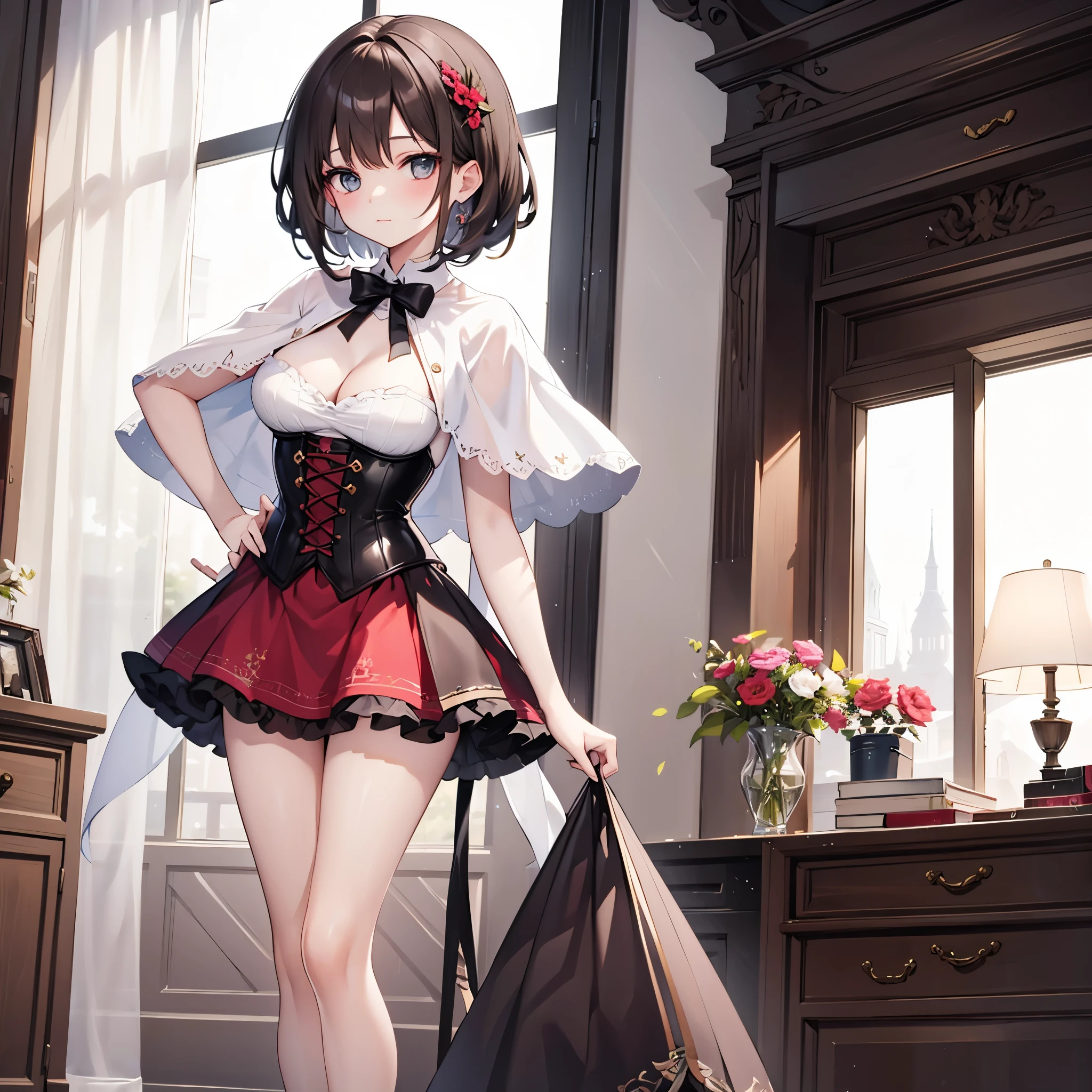 (solo 1 skinny young girl), dark red short hair, (short dress:1.2), wiry corset emphasize cleavage, very short torso, inconceivably thin narrow waist, short (brown capelet), BREAK, (very short brown skirt), thin long legs, BREAK, 12th Century Europe