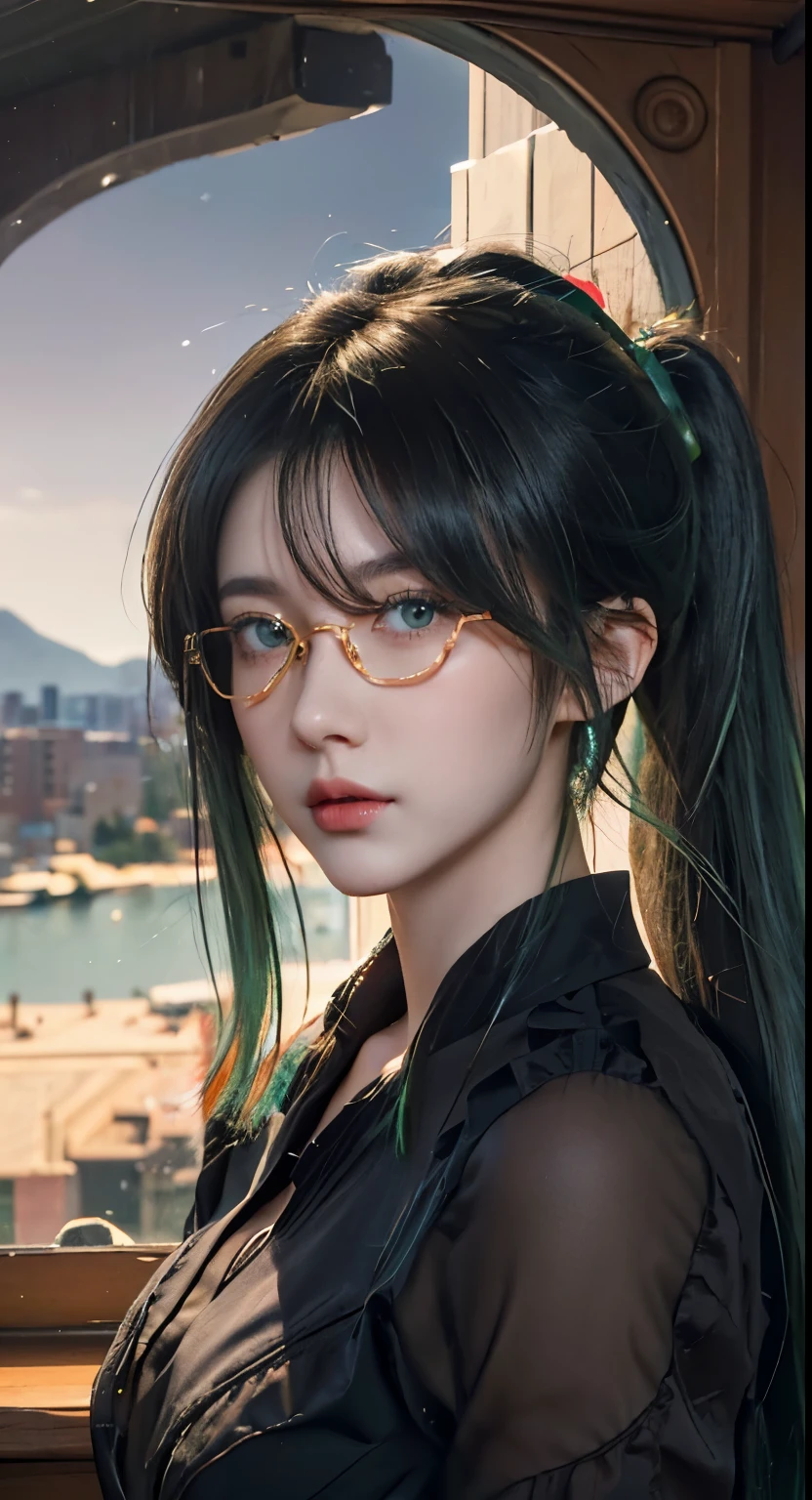 Girl with ponytail in front of the window overlooking the city, Beautiful anime portrait, Stunning facial portraits, Detailed portrait of the girl, portrait girl, guweiz style artwork, anime style. 8k, Realistic art style, Smooth CG art, Style 4 K, Digital anime illustration, beautiful girl, Portrait of an animated girl，Long ponytail hairstyle，Black hair and green hair, Good-looking hair accessories, light green eyes，big eyes，,Wearing red glasses，half rim glasses