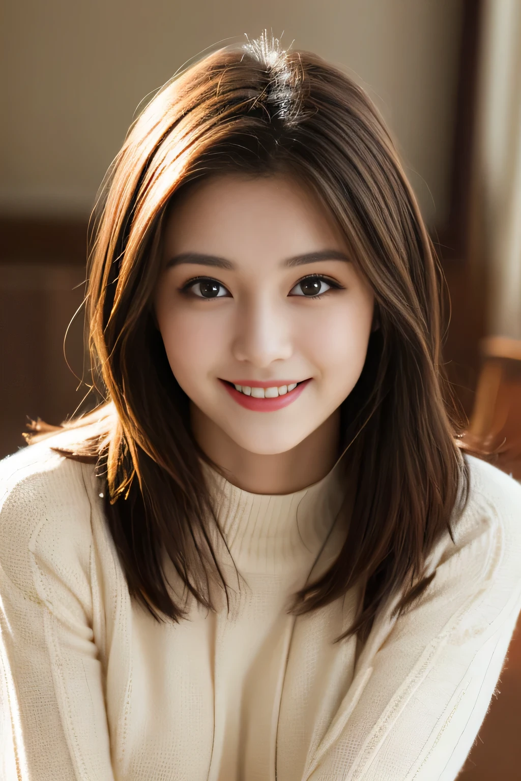table top, highest quality, shape, Super detailed, finely, High resolution, 8k wallpaper, perfect composition, finelyて美しい目, long sleeve knit,slightly longer bob hair, very small bust, natural color lip, random sexy pose,smile,20 year old girl,small breasts、