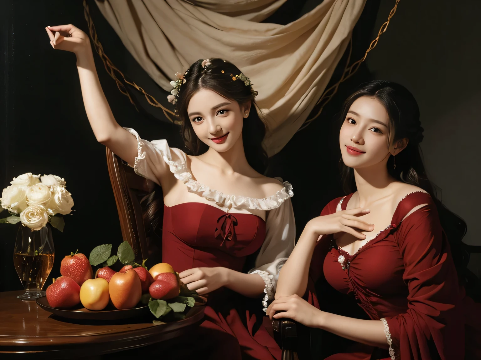 full body portrait ,fruits,grapes,rosa,antique,laughter,,sweet and enchanting appearance.、caravaggioの絵画、caravaggio'chiaroscuro,Two women having fun,cute smile, expression of ecstasy