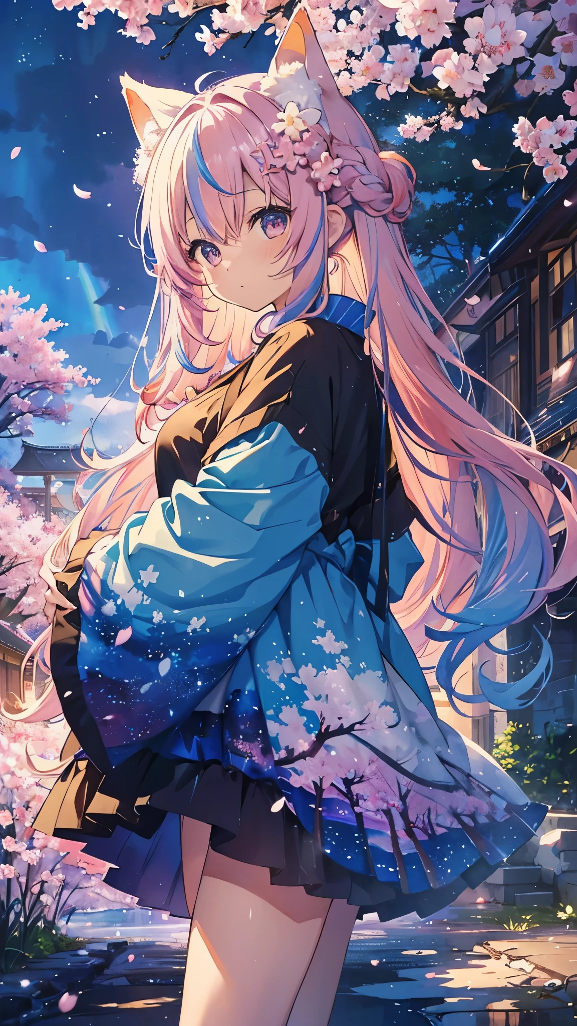 Fox ears, Fox tails, (​masterpiece、top-quality、top-quality、watercolor paiting(Curly)、Official art、Beautifully Aesthetic:1.2)、(1girl in:1.3)、(Fractal Art:1.3)、patterns、(rainbow-colored hair、colourful hair、Half blue and half light pink hair:1.2)、Eau、liquids、​​clouds、starrysky、stele、((Rain)),(((cherryblossom))),　まんこ　丸見え　巨乳　オナニー　アナニー　アナル
