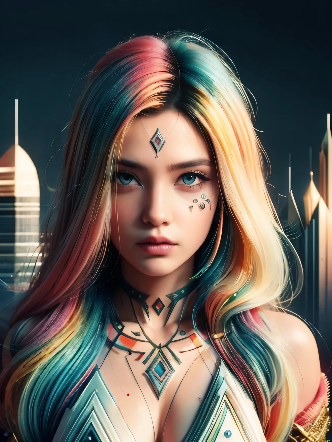 Hyperrealistic portrait of a 18 year old girl with intense gaze, intricate facial tattoos, colorful hair, and vibrant lighting. Set against a dystopian cityscape background, reminiscent of cyberpunk art. Masterpiece digital artwork by Greg Rutkowsky and Hayao Miyazaki.