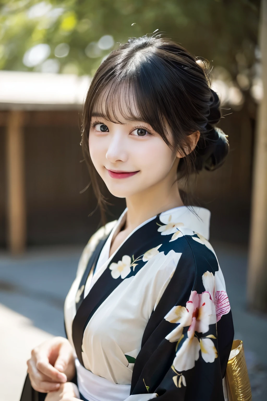 （kimono）、Random pose、(top quality,​Masterpiece:1.3,ultra high resolution,),(Super detailed,Caustics),(Realism:1.4,original shooting,)Ultra-realistic capture,a very detailed,High resolution 16K close-up of human skin、 Natural skin texture、、Skin looks healthy and even-toned、 Use natural light and color,1 girl,Japanese,kawaii,A black-haired one,Zhongfa,,Smile,,(depth of field、Color difference、、Wide lighting range、natural shadow、)、