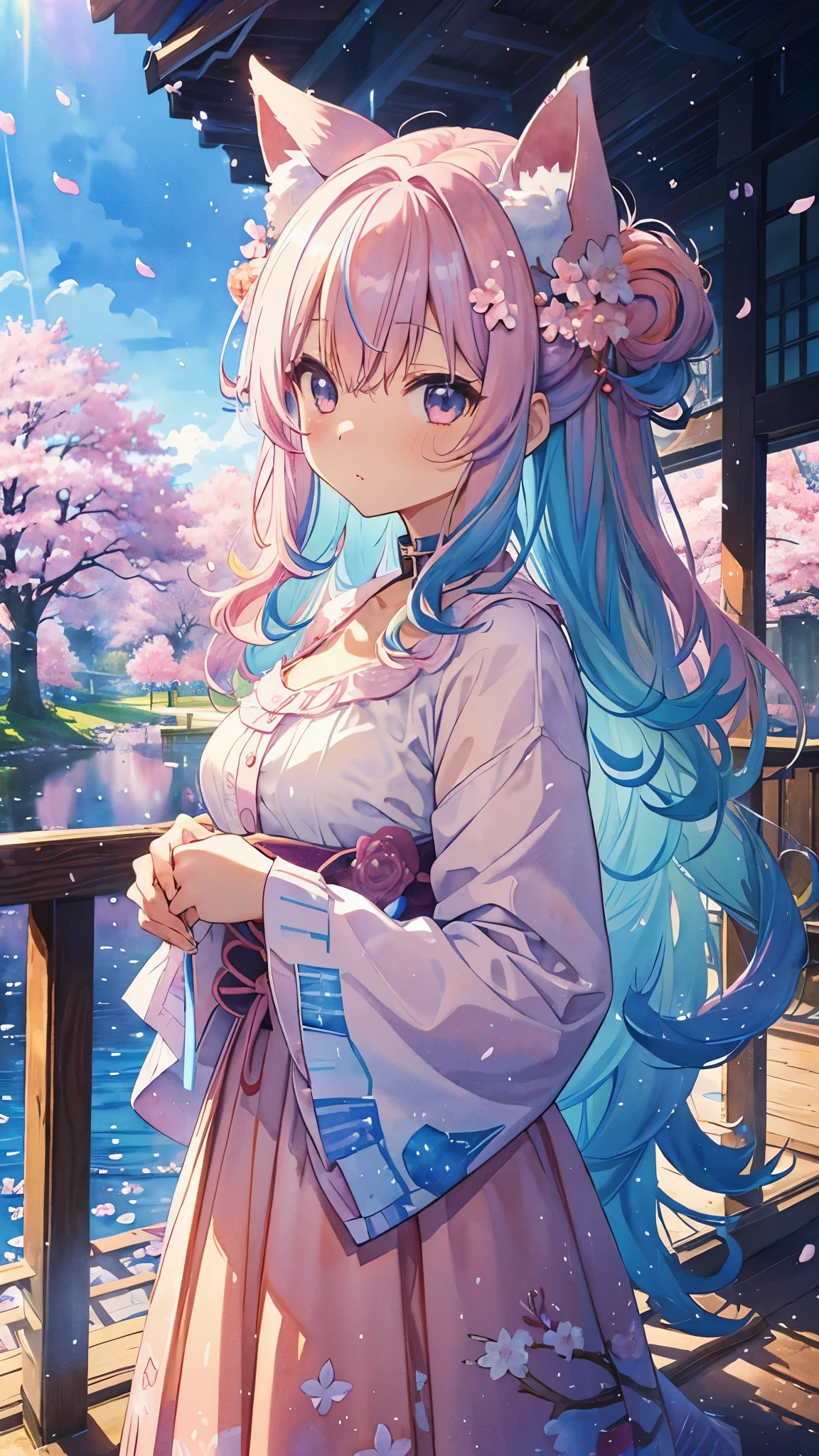 Fox ears, Fox tails, (​masterpiece、top-quality、top-quality、watercolor paiting(Curly)、Official art、Beautifully Aesthetic:1.2)、(1girl in:1.3)、(Fractal Art:1.3)、patterns、(rainbow-colored hair、colourful hair、Half blue and half light pink hair:1.2)、Eau、liquids、​​clouds、starrysky、stele、((Rain)),(((cherryblossom))),　まんこ　丸見え　巨乳　オナニー　アナニー　アナル