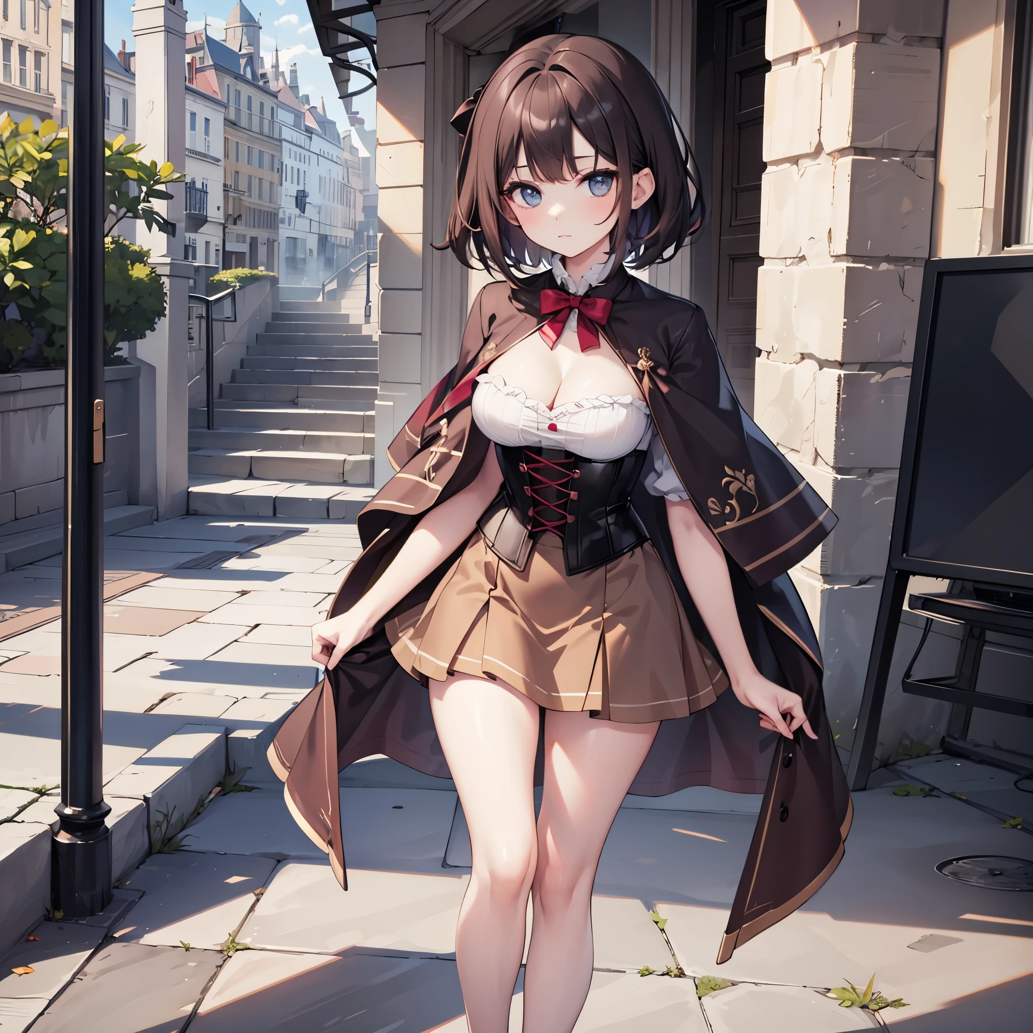 (solo 1 skinny young girl), dark red short hair, (short dress:1.2), wiry corset emphasize cleavage, very short torso, inconceivably thin narrow waist, short (brown capelet), BREAK, (very short brown skirt:1.2), thin long legs, BREAK, 12th Century Europe