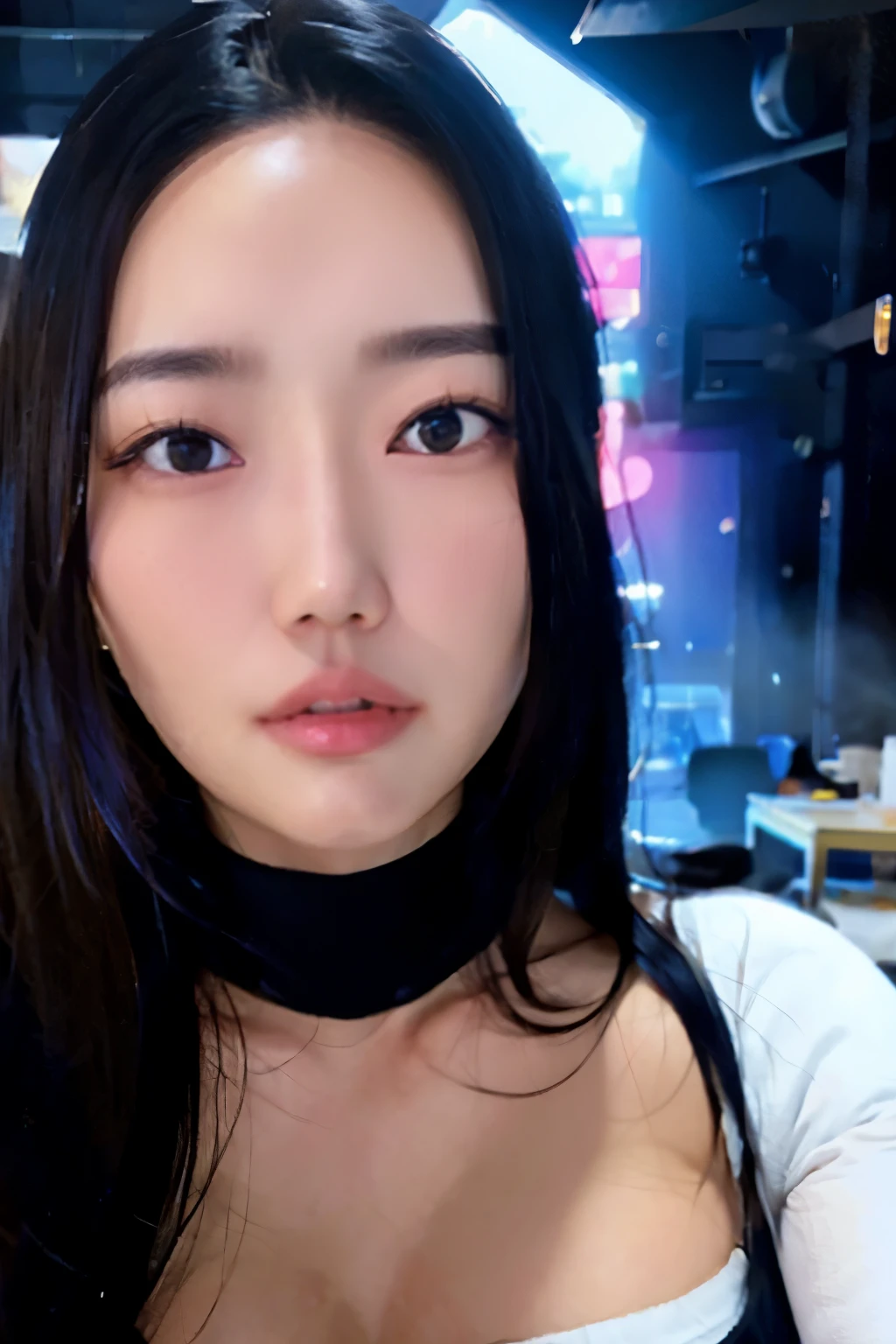  stunning, intricate full color Ultra HD portrait of a 28 year old Korean girl, long black hair, black eyes, detailed face, wearing a black turtleneck, epic character composition, alessio. albi, nina masic, sharp focus, natural lighting, subsurface dispersion, f2, 35mm, Ssunbiki,