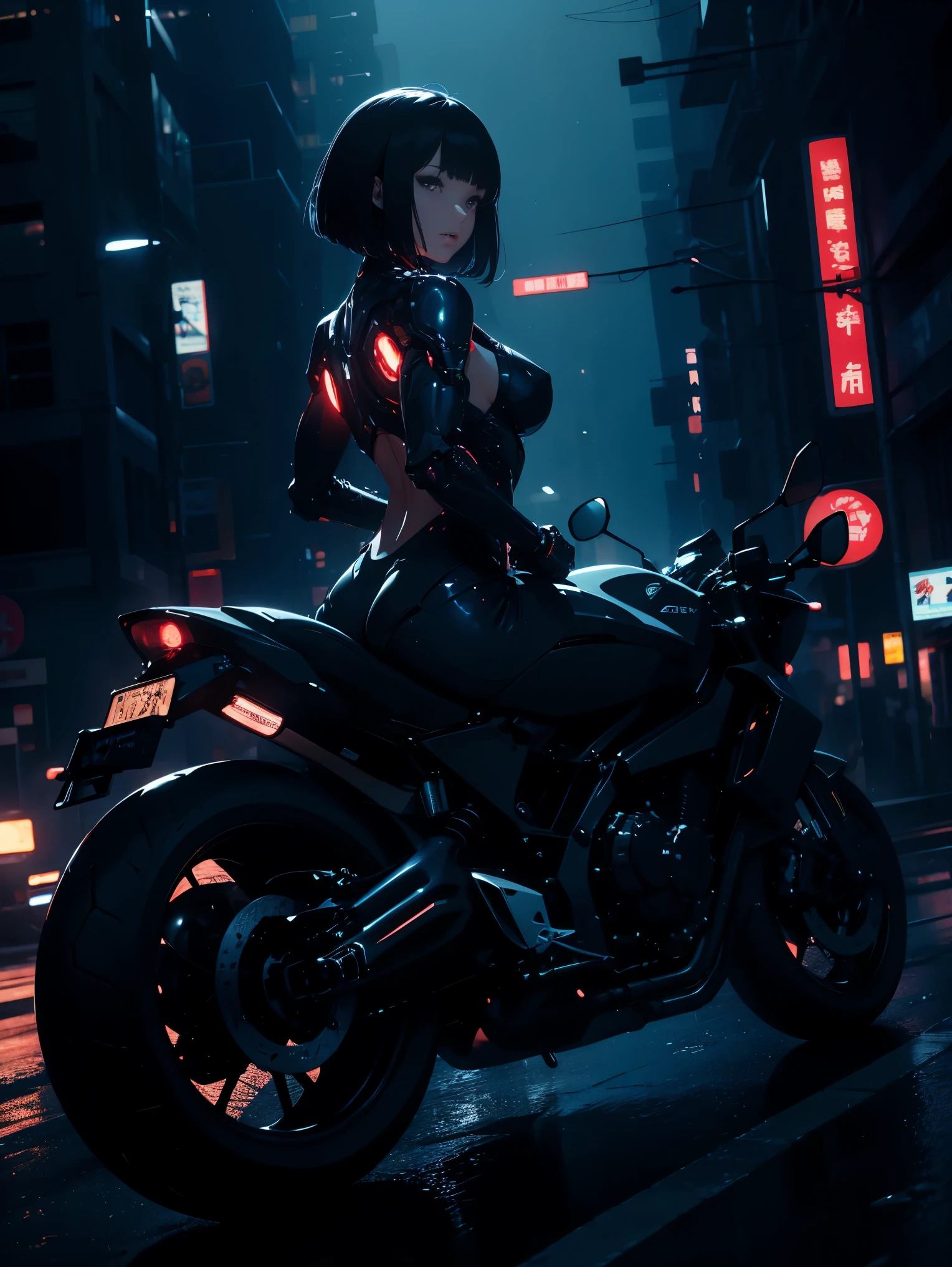 （female cyborg riding a bike）（（（In 8K. ＨＤＲ.hyper realism、master piece 1.2、wlop1、cinematic、Detailed content、Live photo 1.2, Highest quality 1.2、 Super detailed、very detailed、perfect shading、Low angle full body shot 1.2、1 photo、Commercial photo 1.2、50mm 、film grain、SF）））、（（（Cyborg running on a bicycle、）））(mechanical joint: 1.2),((mechanical limbs)),(blood vessels connected to tubes),(mechanical vertebrae attached to the back),((Mechanical cervical connection to the neck) ), No expression, (wires and cables attached to the neck: 1.2), (Head wires and cables: 1.2), (focus on character), （rider suit、buildings at night、buildings at night、impressive night view、cyberpunk world、ride a motorcycle、ride a motorcycle),, (focus on character、Angle from the side)、（white skin、small breasts、black hair、short bob、bob hair、bangs）