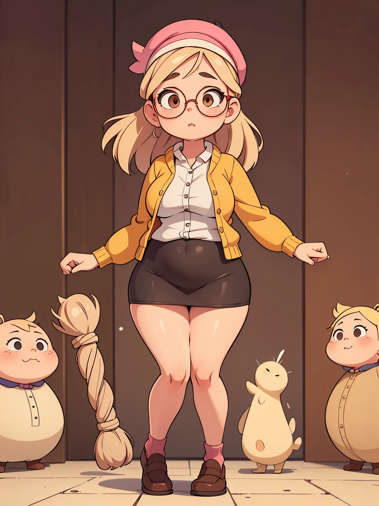 Drawing of a pudgy, tall teenage girl with rosy cheeks; brown eyes; creamy blonde hair. She is wearing rounded black dress shoes; she has very muscular, toned feet and legs. Her legs are fat, meaty, voluptuous, curvaceous, long, Rubenesque and plump. She is wearing a yellow cardigan, a beanie, circular glasses, a brown miniskirt and a pink kawaii beret. She is posing with one leg forward with both hands on her hips. Her panties are slightly showing. She is making a kissing gesture.
