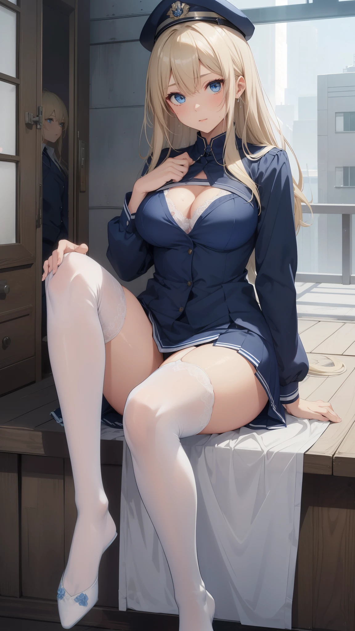 highest quality、All limbs、full finger、Slender beauty、straight hair、beautiful big breasts、female police officer、blue miniskirt police costume、night office、disgusting face、sweaty、Sheer clothing、sit down with your legs apart、masturbation、masturbation behavior、leaked sperm、Sperm caught、white panties、white bra、cleavage、stockings、No cap、blonde、shortcut、blue eyes、