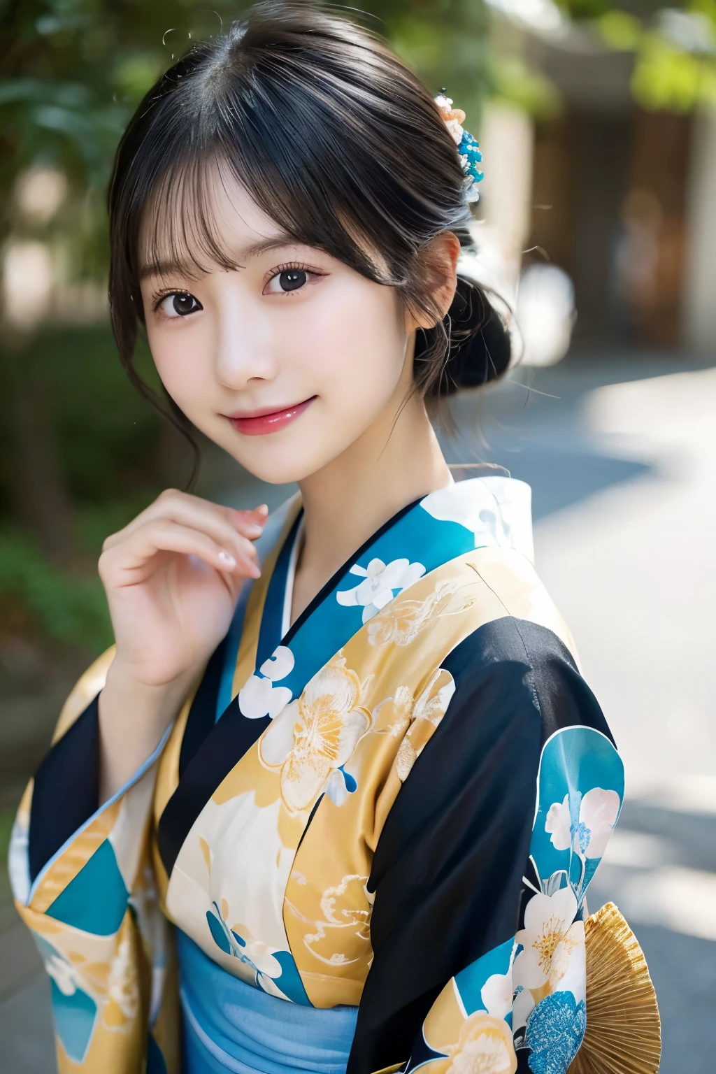 (kimono)、Random pose、(top quality,Masterpiece:1.3,ultra high resolution,),(Super detailed,Caustics),(Realism:1.4,original shooting,)Ultra-realistic capture,a very detailed,High resolution 16K close-up of human skin、 Natural skin texture、、Skin looks healthy and even-toned、 Use natural light and color,1 girl,Japanese,kawaii,A black-haired one,Zhongfa,,Smile,,(depth of field、Color difference、、Wide lighting range、natural shadow、)、