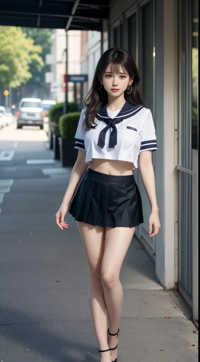 (highest quality:1.4), (hyper quality), (Super detailedな), 1 beautiful girl, Super cute, wonderful face and eyes, (Short-sleeved sailor suit made of thin white fabric), Black pleated mini skirt:1.1, (black pleated mini skirt:1.5), (Beautiful and incredibly big breasts:1.2), (The shape of the nipple protrusions through the uniform:1.4), (uniform is not exposed:1.2), (The material of the uniform is so thin that the shape of her chest is clearly visible.:1.2), (underboob:1.3), (slender body:1.1), (thin legs), (thin waist), real skin texture, crystal clear very white skin, (bangs:1.2), earrings, bright and shiny lips, (Don't look at me, look ahead), beautiful goddess advent, beautiful background, golden ratio, conceptual art, Super detailed, Accurate, advanced details, Walking on street corners, My chest sways, sexy art, Under the summer sun, bright light, Super delicate illustration details, Highly detailed CG integrated 8k wallpaper, RAW photo, professional photos, cinematic lighting, Depth of the bounds written, No bra, (The nipple protrusions push up the uniform), cropped tops, High heels on bare feet