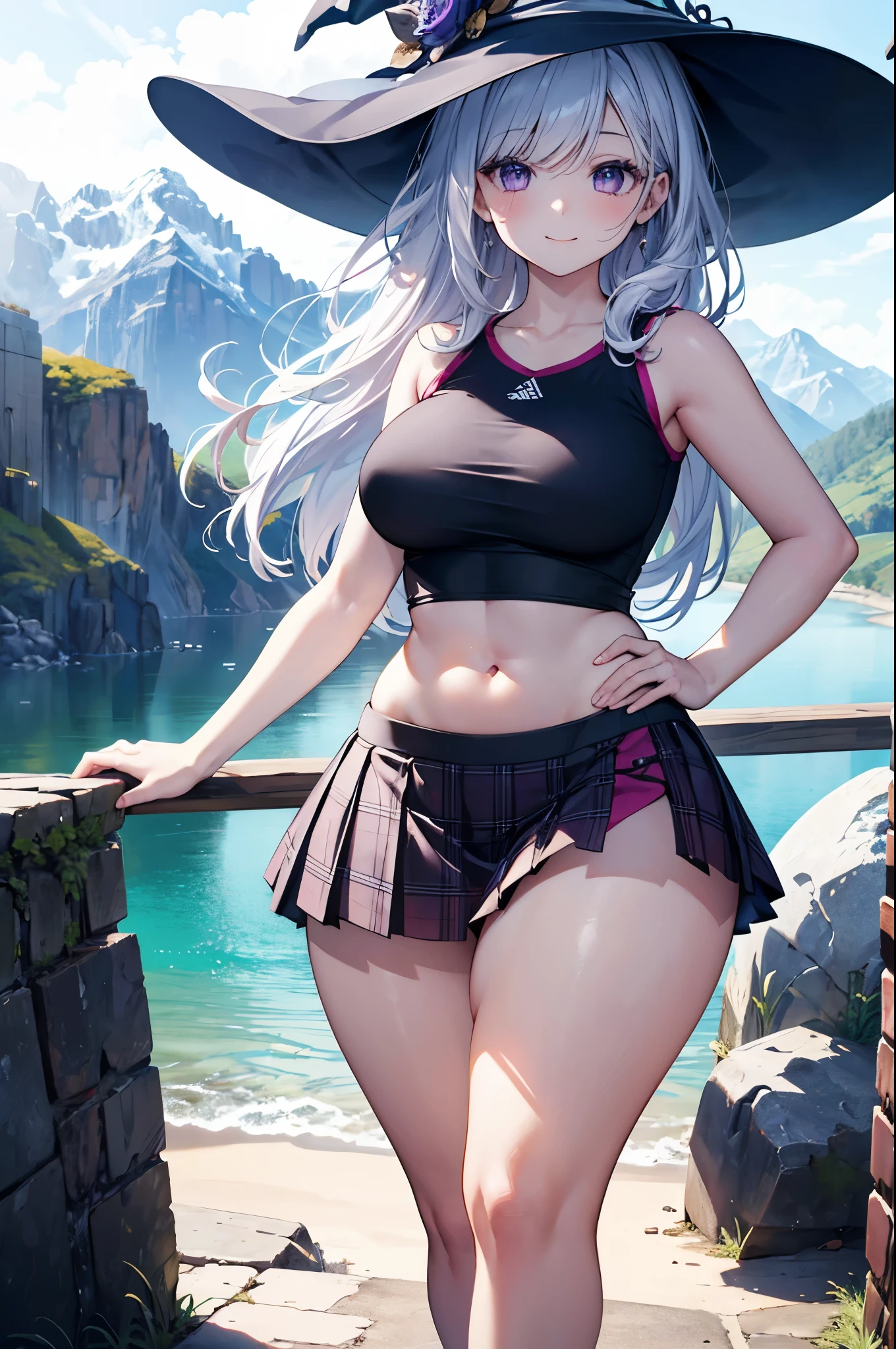 realistic image, coherent image, detailed image, 1 beautiful girl. She has silver hair, long hair, purple eyes, long eyelashes. Her face is oval and delicate, smiling. She is wearing a sleeveless t-shirt, bare midriff, plaid pleated mini skirt, sneakers, witch hat. She has a curvy body, medium breasts, thick thighs, background of a mountainous landscape, surrounded by mountains, natural lighting, volumetric lighting,