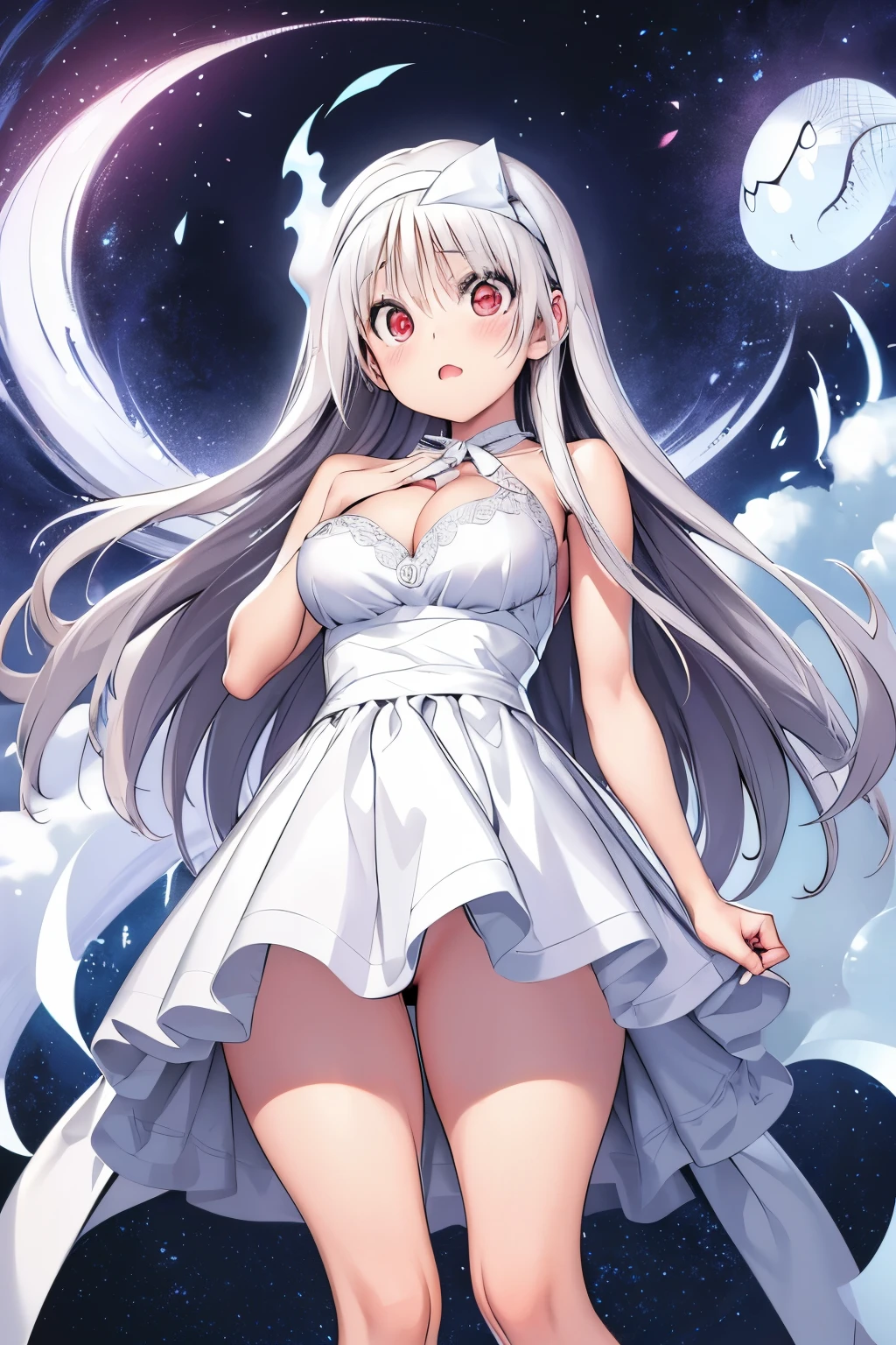 look towards the viewer, standing character, (anime coloring),(masterpiece),(best quality),(ultra-detailed),(best illustration),(absurdres),(detailed background), YUUNA YUNOHANA, LONG HAIR, (RED EYES:1.3), WHITE HAIR, CLEAVAGE, WHITE WEDDING DRESS, WHITE CLOTHES , GHOST, blushing, TRIANGULAR HEADPIECE, ALBINO, lady body 18 years, shy, looking at viewer, more close to the viewer, adult, matrimonio, pleasure face, standing, good anatomy, good hands, good hair anatomy, kiss me.