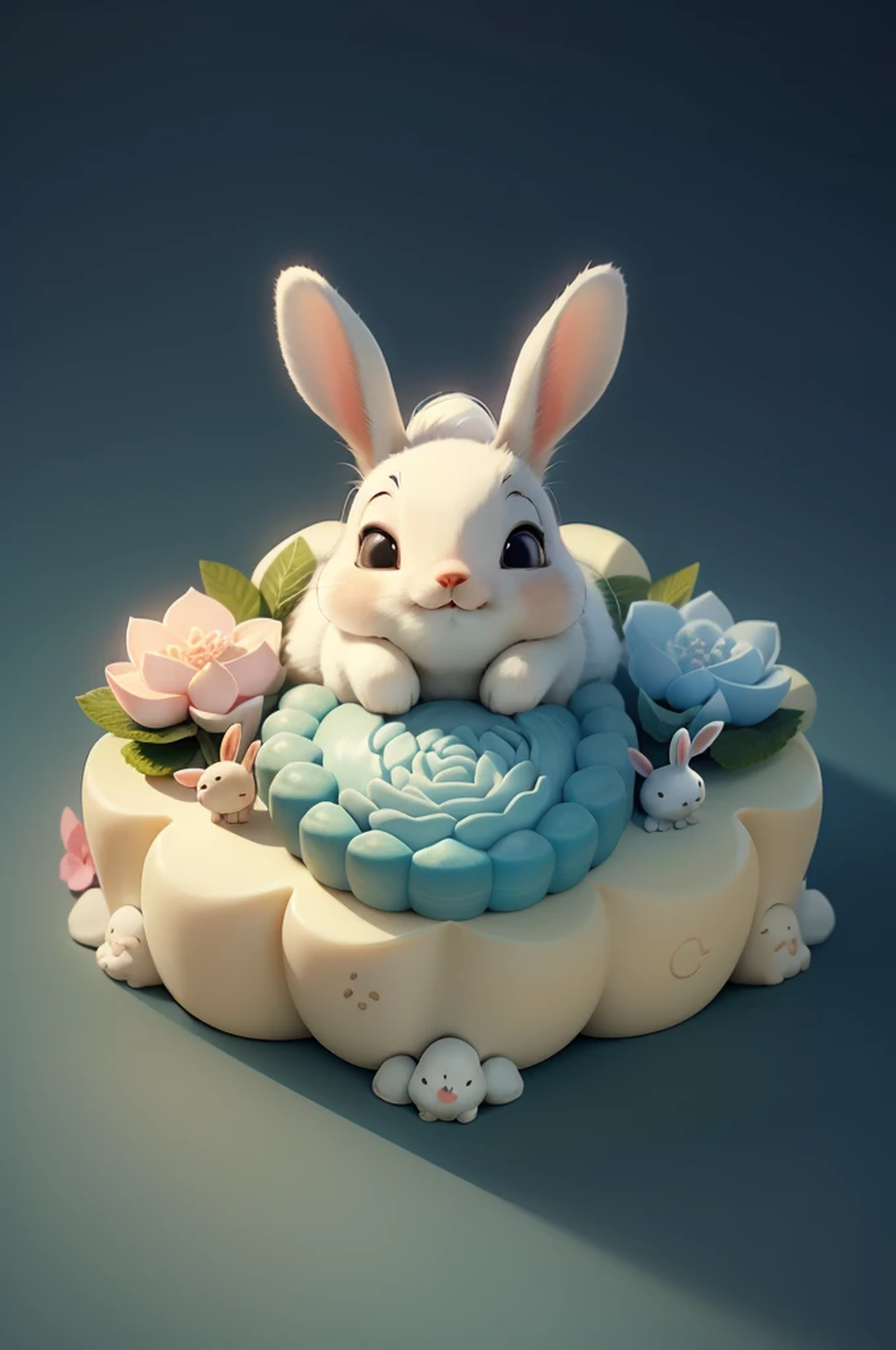 16K Ultra HD Vivid Color Masterpiece Ultra Cinematic Resolution.
Create a little white rabbit lying on a large mooncake, there is a huge mooncake on the ground, a white rabbit lying on top of the mooncake, the rabbit expression is very happy, using pastel tones, pure blue background. Make sure the rabbit is very prominent, with clear lines and bright colors.