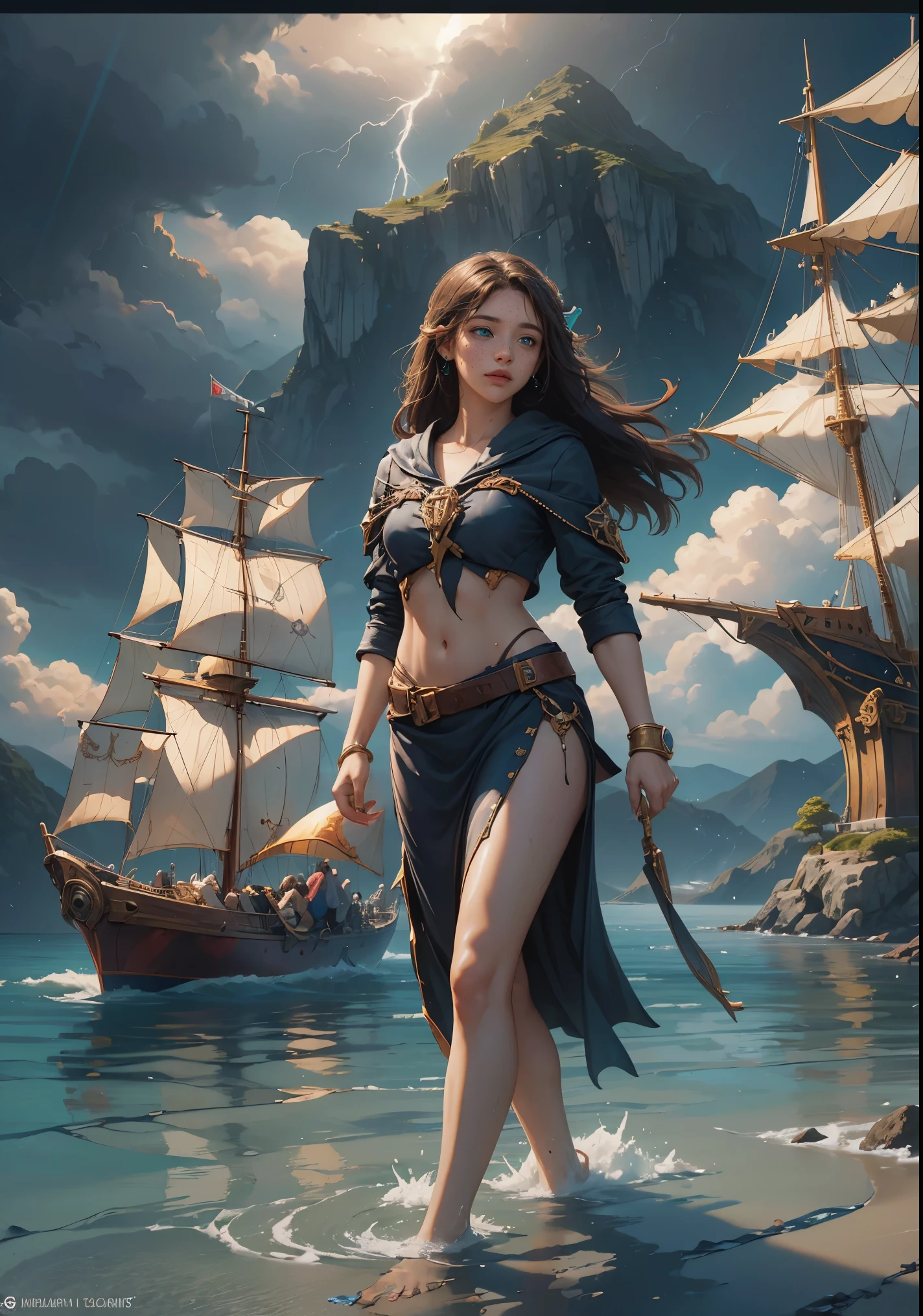 (portrait_of_a_sexy_corsair_girl_holding_a_fintlock_pistol_walking_in_shallow_water:1.7), slim, skinny, (see_through_dressed:1.6), (wet),(half_naked), (surface), (coral_reef_surrounded:1.3),(translucent_ocean:1.5), (ocean), (sailboat_explodes_background:1.899), 1girl, (bird), (ship), , (dark_sky:1.446), (thunder:1.53), (storm:1.53), realistic, (beach), cloud, blood, stone, scenery, (wading), (mount island, floating_island:1.45), (looking_at_viewer:1.5), prt, air_bubble, aurora, bubble, caustics, plant, scenery, shark, (surreal), waterfall, wave, prt, (age_of_piracy:1.5)