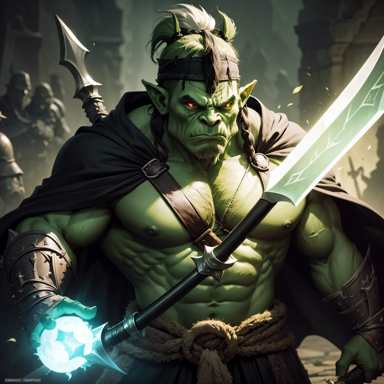  Strong green orc dungeons and dragons dnd with ax in hand and black cape with headdress and a white headband ,on the back spears and ninja swords 