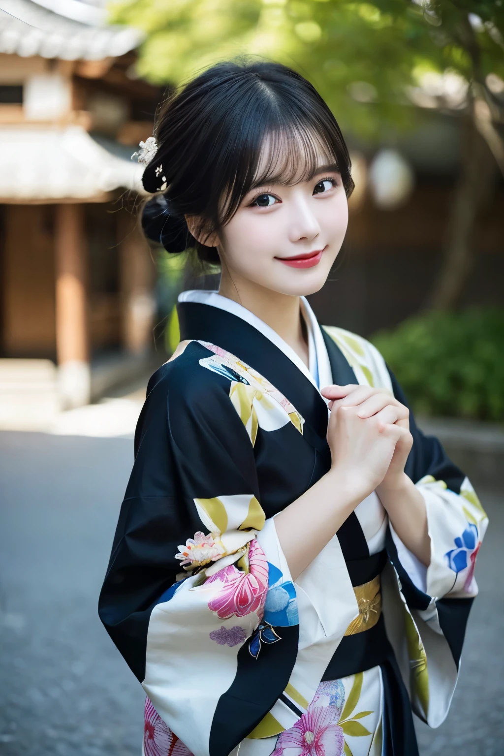 (kimono)、Random pose、(top quality,Masterpiece:1.3,ultra high resolution,),(Super detailed,Caustics),(Realism:1.4,original shooting,)Ultra-realistic capture,a very detailed,High resolution 16K close-up of human skin、 Natural skin texture、、Skin looks healthy and even-toned、 Use natural light and color,1 girl,Japanese,kawaii,A black-haired one,Zhongfa,,Smile,,(depth of field、Color difference、、Wide lighting range、natural shadow、)、