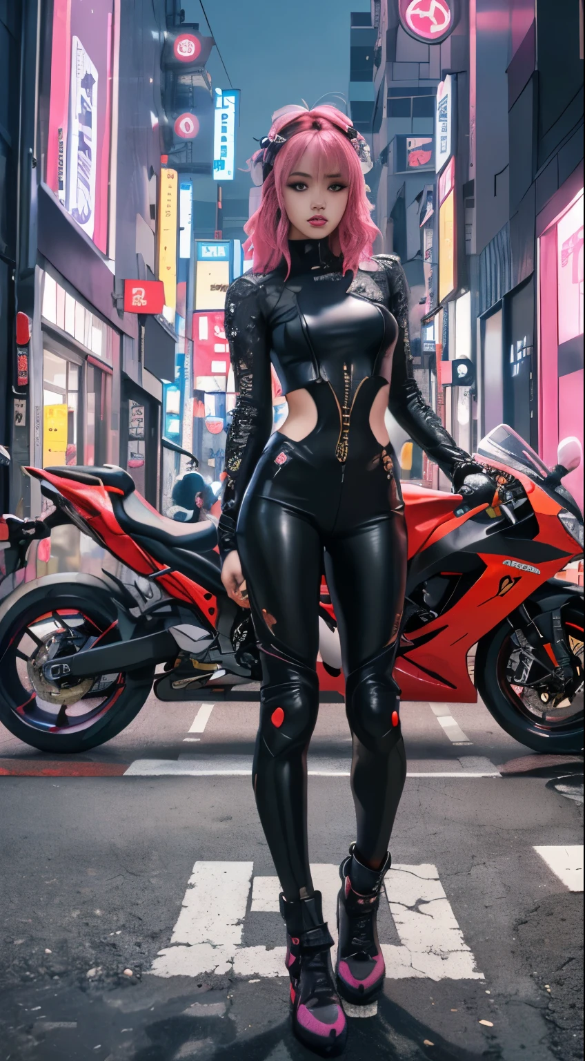 masterpiece, highest quality, confident cyberpunk girl, full body shot, ((Standing in front of a motorcycle)), Harajuku-style pop costumes, bold colors and patterns, eye-catching accessories, trendy and innovative hairstyles, bright makeup, Dazzling cyberpunk cityscape, skyscraper, neon sign, LED light, bright and vivid colors, anime, figure, fine skin texture, fine cloth texture, beautiful and detailed face, intricate details, super detailed.