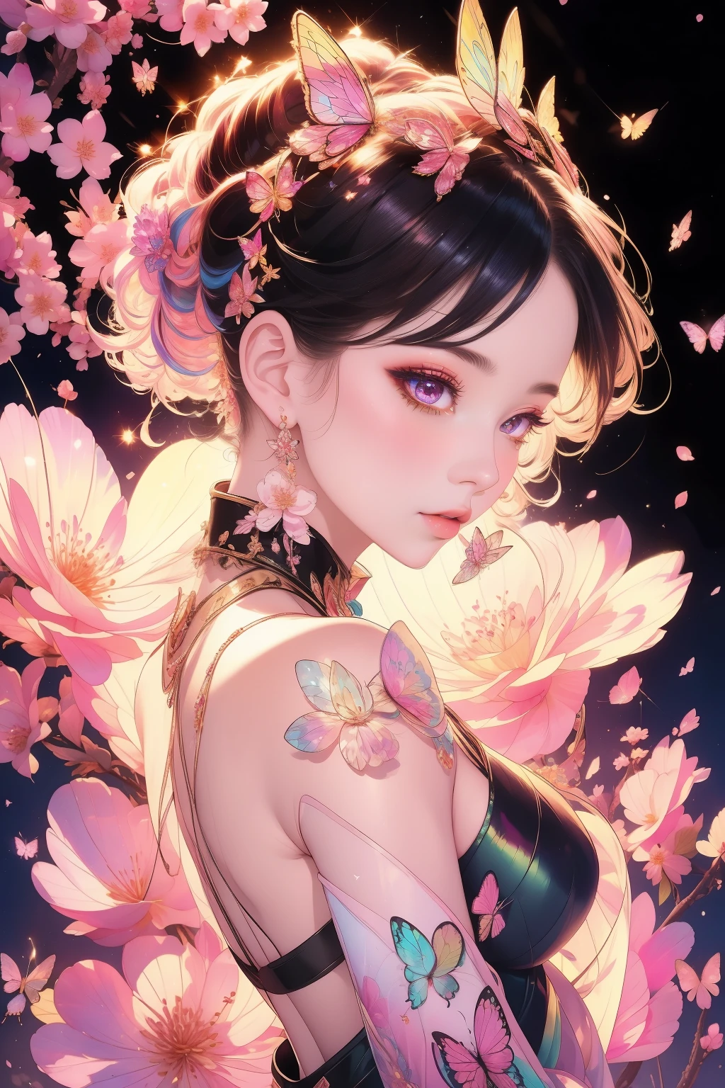 Kocho Shinobu extremely detailed and high resolution masterpiece, Dynamic action of the beautiful yet deadly Demon Slayer. Emphasizing the intricate details of her butterfly-themed outfit and the fierce expression on her face. Set the scene at dusk, Set against the backdrop of tranquil pond and cherry blossom petals. Create an ethereal beauty and power with rich colors and volumetric light.