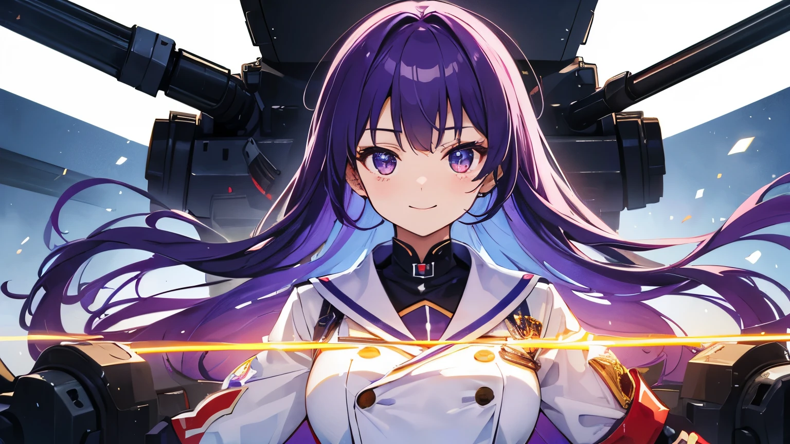 (T Masterpiece,4k wallpaper,best quality))、((girl1people))、(solo)、Shining and vivid,(purple hair)、(shortcut:1.3)、smile、uniform、battleship、naval battle