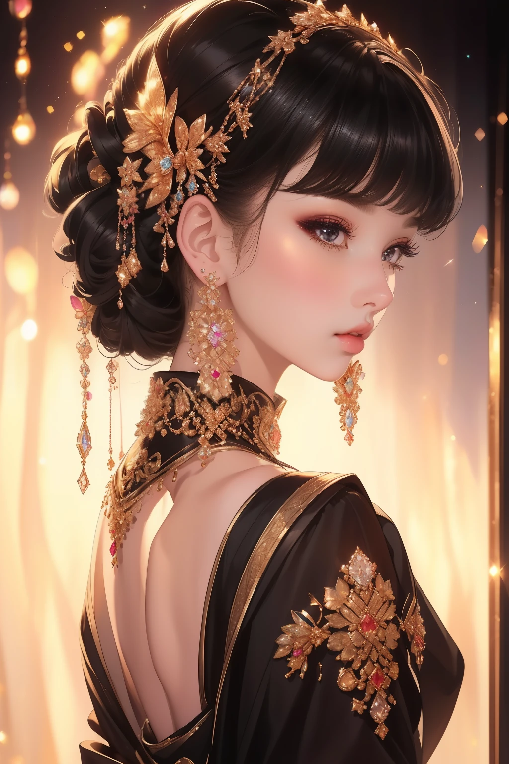 best quality, (lifelike:1.2), 1 girl, alone, Detailed face, Face focus, Permanently installed, black hair,(hair accessories:1.35, bow sleeves, Detached sleeves, Ribbon decoration, wide sleeves, (looking at the audience:1.5) long hair, black eyes, Bangs, lips,