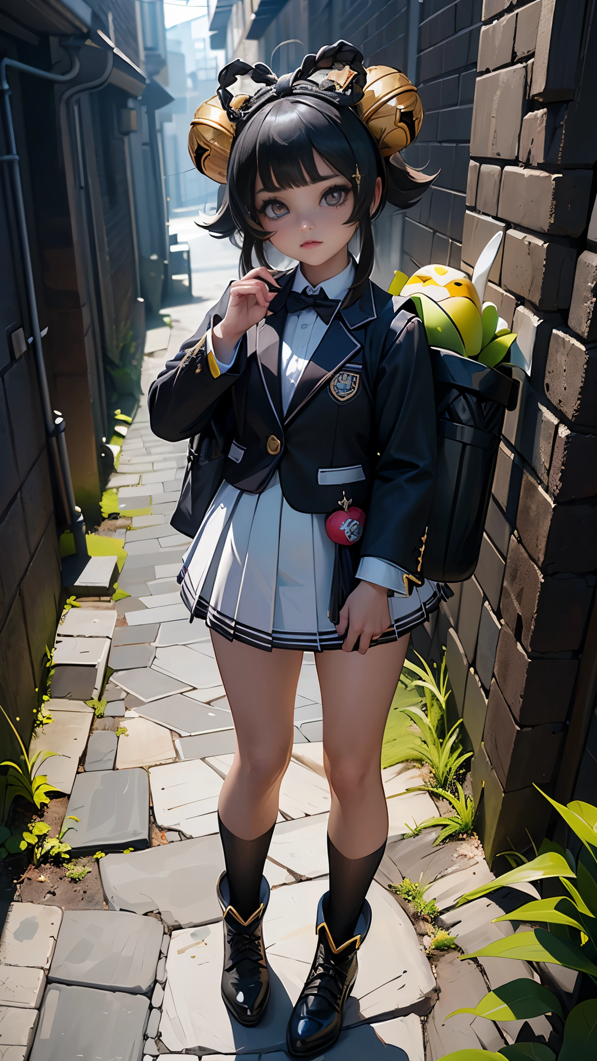  (La mejor calidad,A high resolution,Ultra - detallado,actual),Ariana Grande usando mochila negra, cool expression, tiro medio, 1 chica, Solo,, (BACKGROUND dark alley wall of big stones , Abandoned alley background :1.4) , usando mochila negra, a girl in a school uniform, ojos azules detallados:1, Ojos medio cerrados, detailed tabs, ojos afilados, pelo azul real oscuro, pelo medio largo, hair behind the ear, side golpes, (Blazer white , Falda plisada white ) , (medias negras nylon :1.4 ), simple, frente al espectador, Manga illustration style, golpes, 18 years, classification: cuestionable, usando mochila negra, Correas negras:1, Blazer negro:1, chaqueta de manga larga,More detailed 8K.motor irreal:1.4,UHD,La mejor calidad:1.4, fotorrealista:1.4, textura de la piel:1.4, obra maestra:1.8,obra-prima, mejor calidad,objeto Objeto], (detailed face features:1.3),(Las proporciones correctas),(Ojos hermosos azules),  (pose vaquero), ,( ciberpunk 2.1), (mostrando falda volteada white :1.4), (seaArt 2.2)
, (dedos detailed:1.4 ), (perfect anatomy:1.4), , (Yaoyao genshin 2.1 )