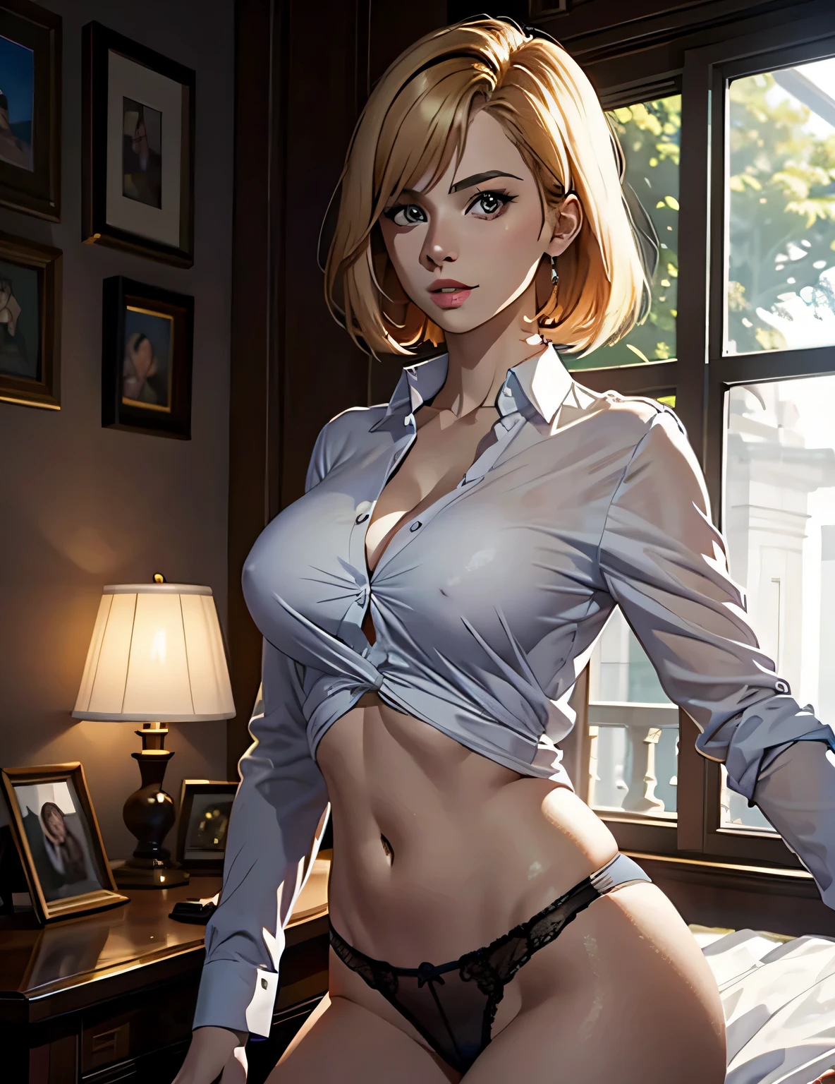 (Retrato corporal de mujer en bragas de mezclilla posando)、Una sonrisa、camisa apretada, Diosa rubia con corte bob corto, usando camisa ajustada, cuerpo perfecto sombreado realista, (vistiendo un top corto sexy), camisa abierta, chica sexy, traje ajustado, tetona, traje ajustado, cuerpo perfecto fotorrealista, Low intimate lighting、retrato corporal