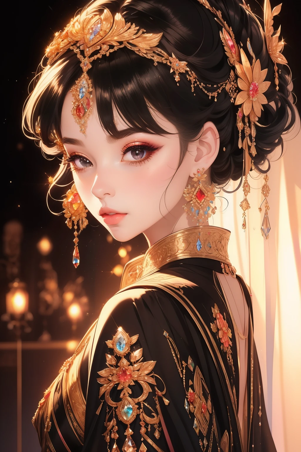 best quality, (lifelike:1.2), 1 girl, alone, Detailed face, Face focus, Permanently installed, black hair,(hair accessories:1.35),bow sleeves, Detached sleeves, Ribbon decoration, wide sleeves, (looking at the audience:1.5) long hair, black eyes, Bangs, lips,