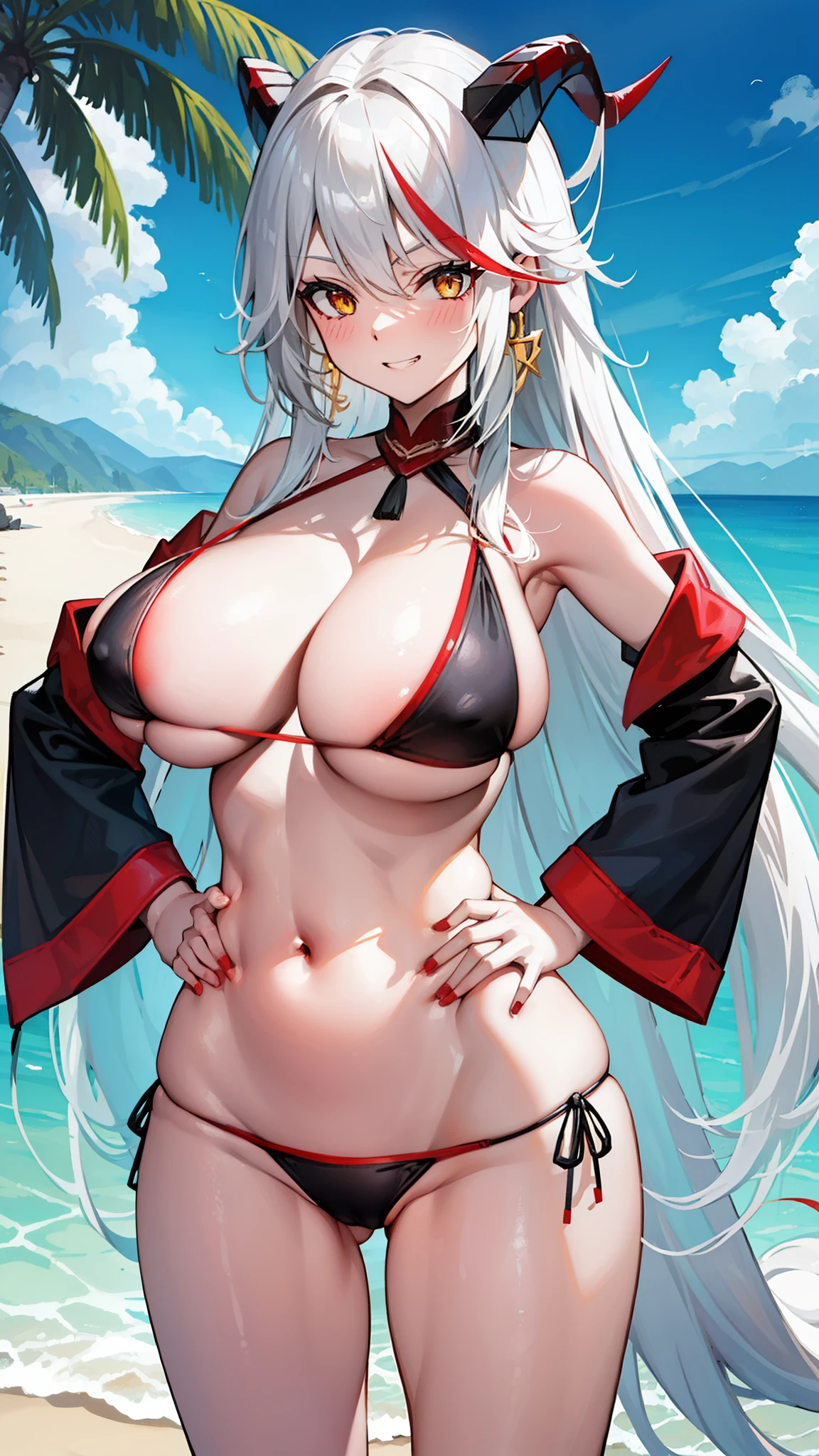 closed mouth, huge breasts, looking at the audience, white hair,,long hair,black horn,red multicolored hair,yellow eyes,,resort beach,standing,slim, ,cowboy shot,micro bikini,navel,blush,bright screen,grin,hands on hips,upper body,bare shoulder,black bikini,cleavage