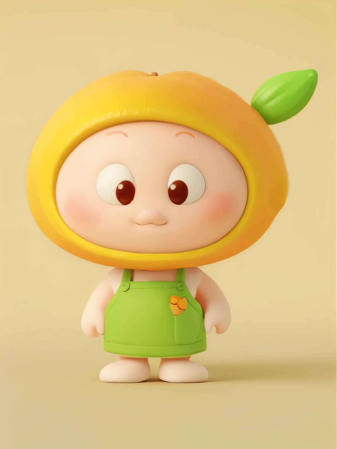 There is a small toy，Wearing a green apron, round orange head, Lovely character, 🐿🍸🍊, Orange cartoon，slim figure, vinyl toy figurines, Orange Kenny x Pop Mart, wearing orange, Lovely cartoon character, Lovely! c4d, it has orange peel texture, doom, Lovely pocelain doll, Lovely toy, Jia