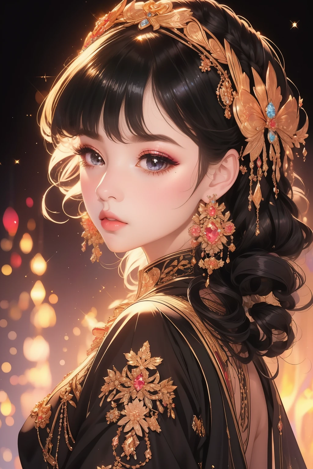 best quality, (lifelike:1.2), 1 girl, alone, Detailed face, Face focus, Permanently installed, black hair,(hair accessories:1.35),bow sleeves, Detached sleeves, Ribbon decoration, wide sleeves, (looking at the audience:1.5) long hair, black eyes, Bangs, lips,