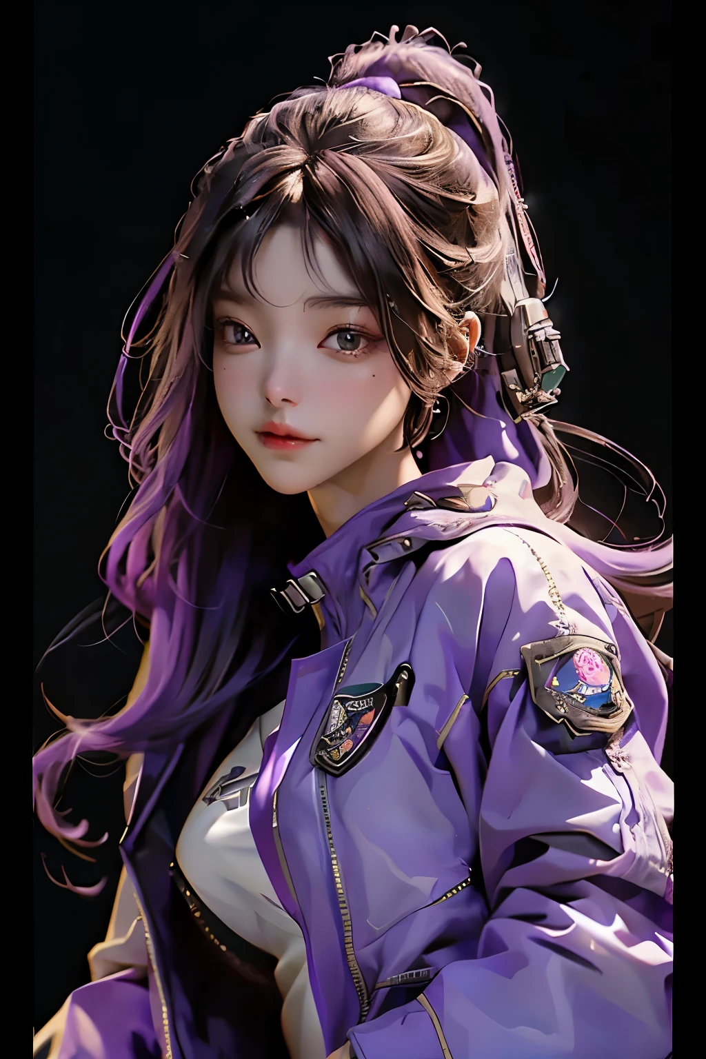 A 20-year-old girl, clad in an astronaut helmet and a perfect body, captivates the audience with her allure. Her cleavage is accentuated by the snug fit of her white t-shirt, and her big beautiful eyes sparkle with excitement. Long brown locks cascade down her shoulders, complementing her purple outer jacket. The half-body frame is rendered in the Leagues of Legends arcane art style, exhibiting intricate digital details. The high definition image showcases her reflective skin, making every pore and contour pop. The excited facial expression on her face adds to the overall dynamism of this masterpiece.