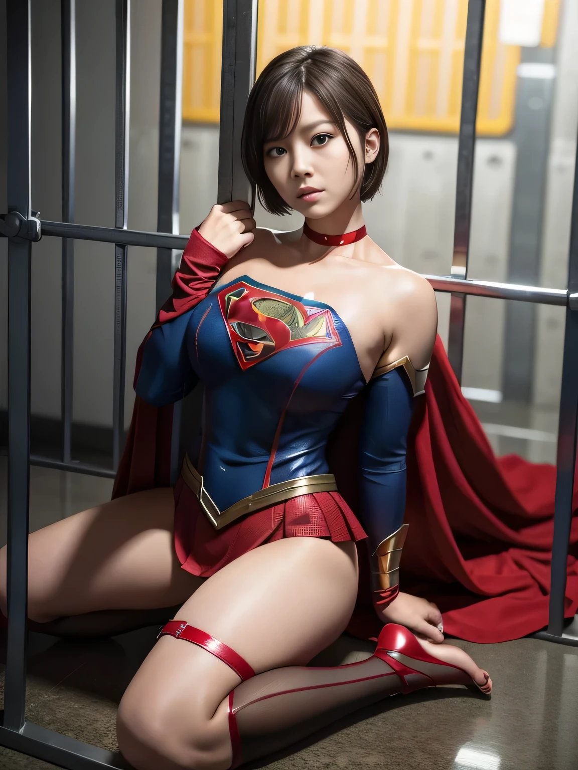 masterpiece、supergirl costume、short hair、barefoot、big and full breasts、prison、in a cage、imprisonment、prisoner、straddle、handcuffs、shiny、looking at camera、Seduce、choker、long sleeve、red sexy pose、POW camps