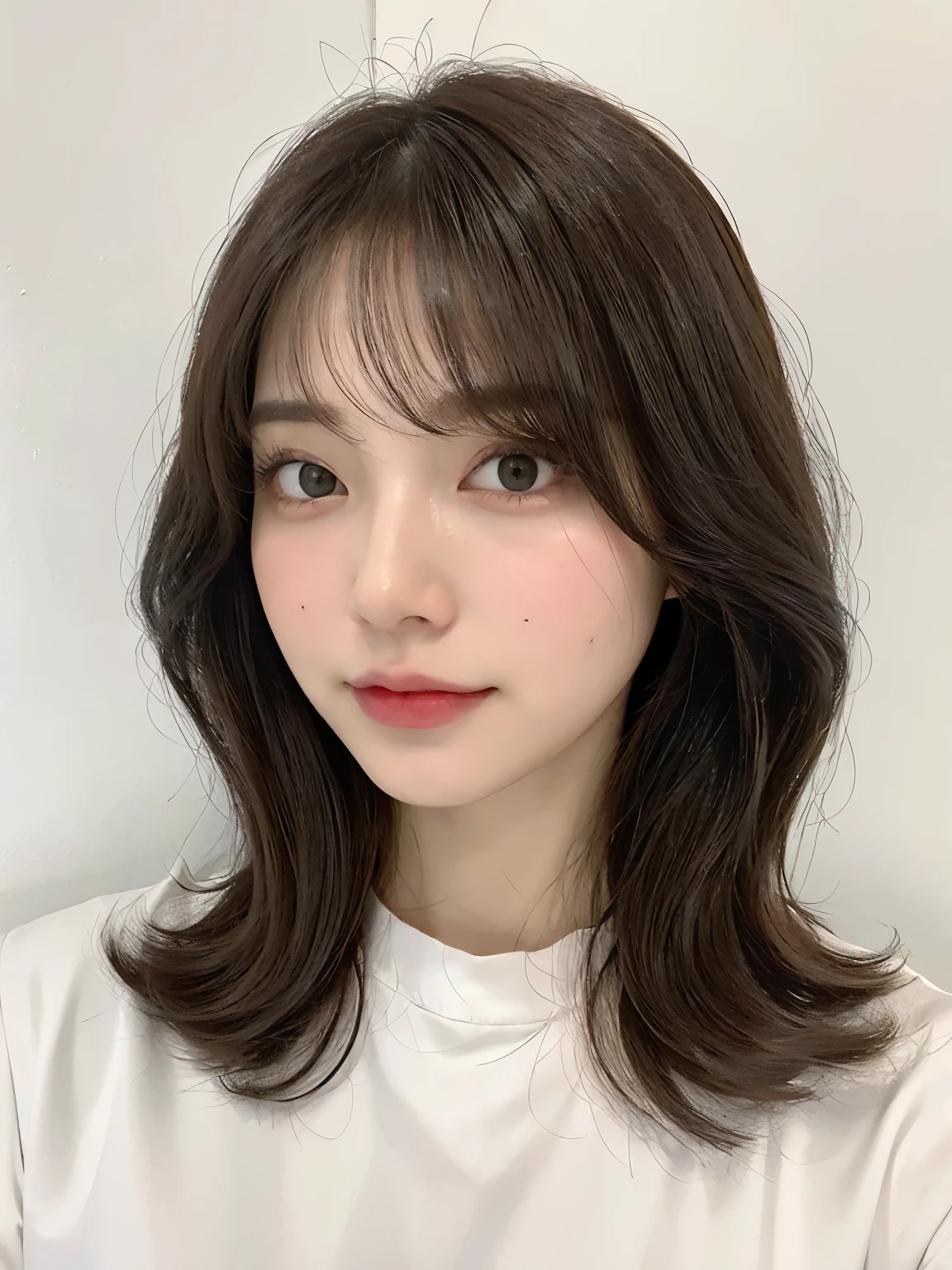 （（best quality，8k，master piece：1.3）），((highest quality、8k、masterpiece:1.3))、long sleeve shirt、(slender body:1.3)、1 Japanese female、 short hair、Taken in front of the white door,white wall、1 Japanese female、white brown hair、（flower cap：1.3），perfect beauty：1.4，buttocks：1.2，（layered hairstyles：1.2）），（street：1.3），Highly detailed face and skin texture，full body esbian，delicate eyes，double eyelid，whiten skin，short wavy hair，cute korean beauty（With a round face：1.5）