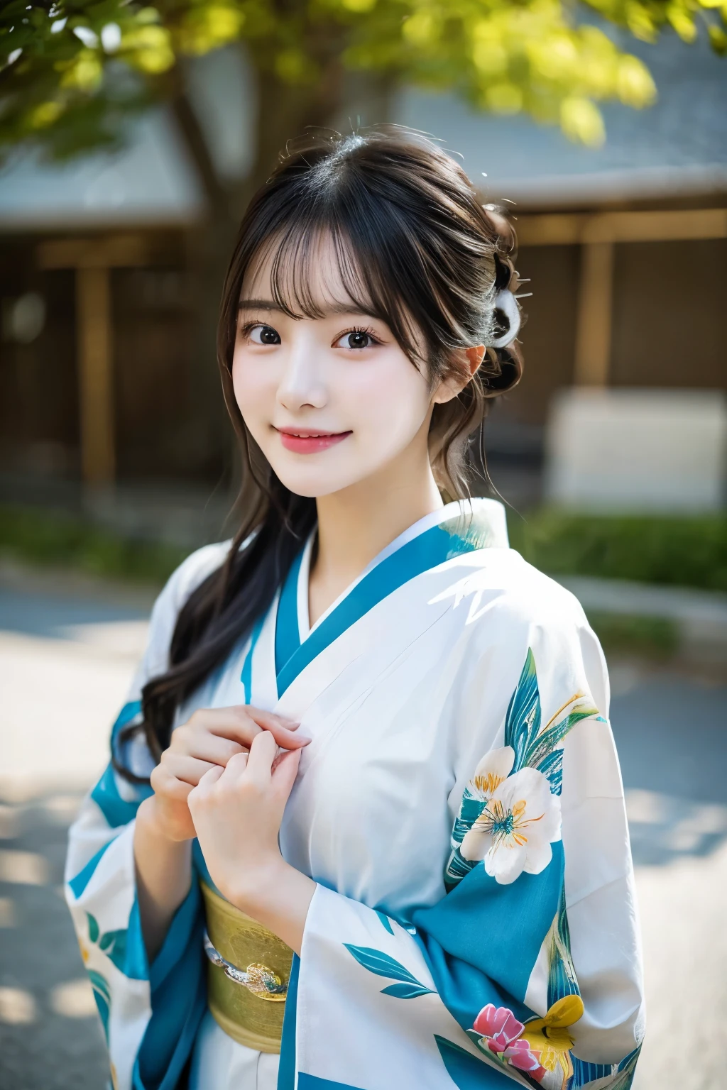 (kimono)、Random pose、(top quality,Masterpiece:1.3,ultra high resolution,),(Super detailed,Caustics),(Realism:1.4,original shooting,)Ultra-realistic capture,a very detailed,High resolution 16K close-up of human skin、 Natural skin texture、、Skin looks healthy and even-toned、 Use natural light and color,1 girl,Japanese,kawaii,A black-haired one,Zhongfa,,Smile,,(depth of field、Color difference、、Wide lighting range、natural shadow、)、